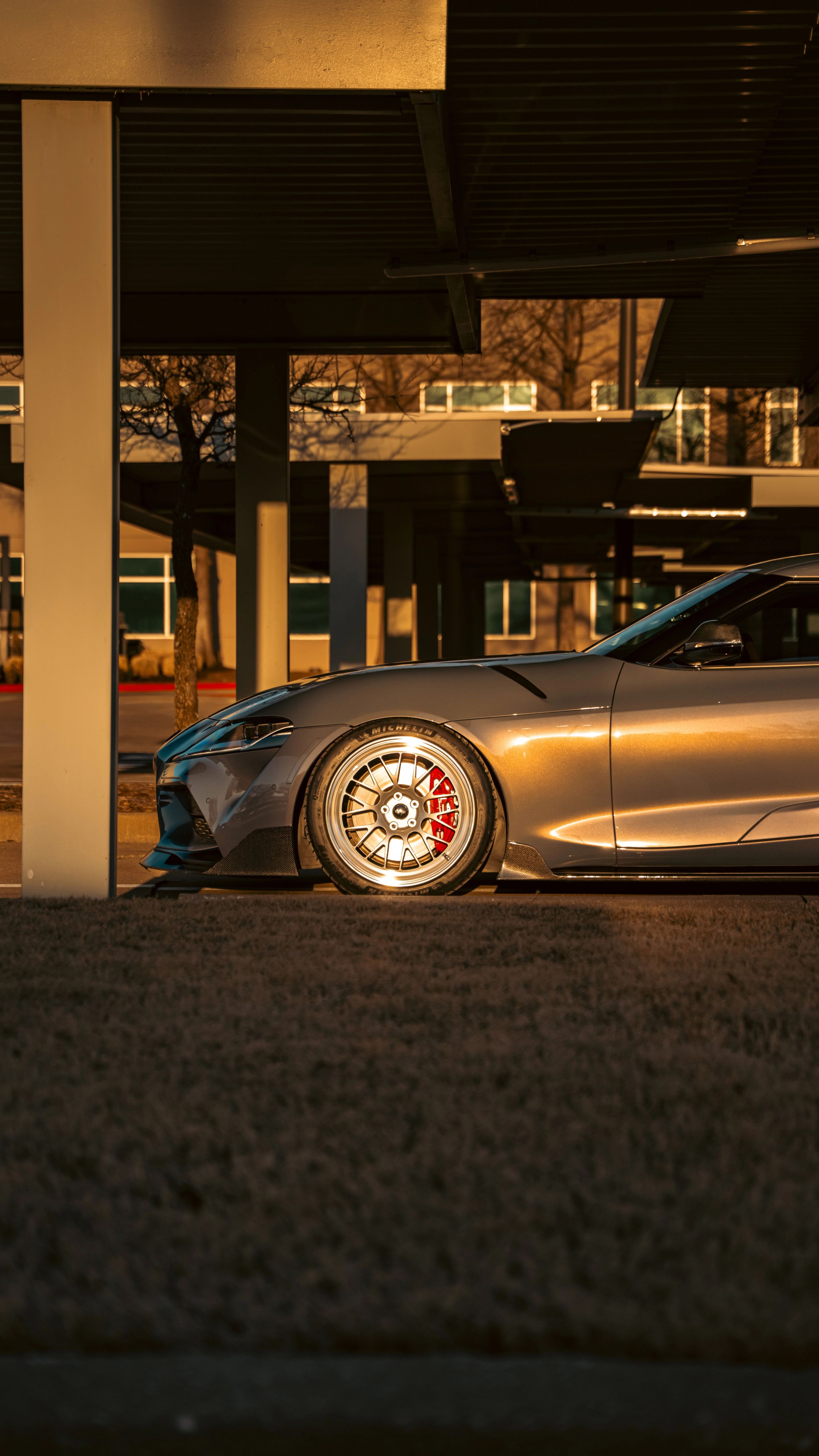 Grey Toyota GR Supra with 19" ML-10RT Apex wheels in Machined Lip Race Silver