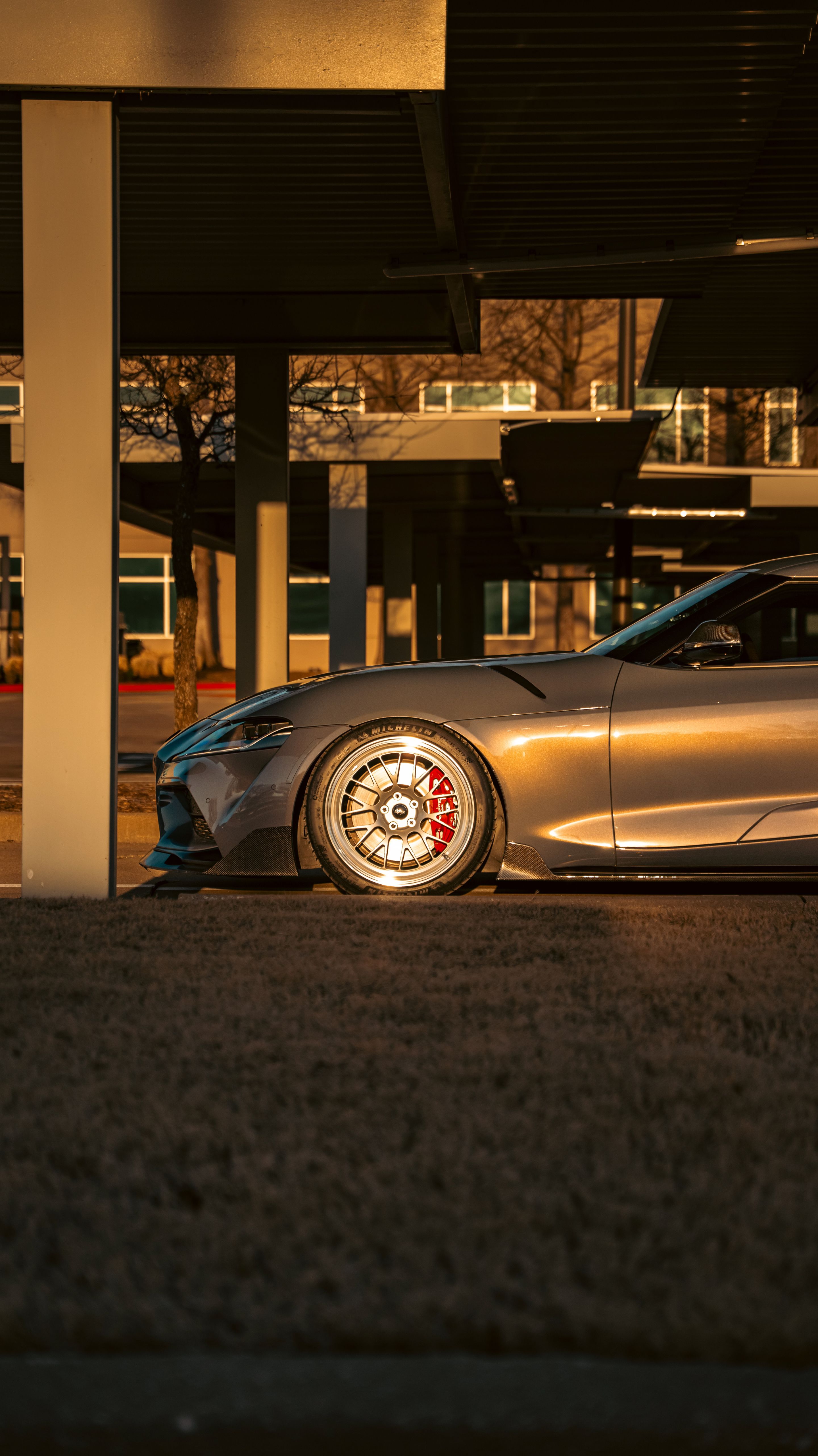 Grey Toyota GR Supra with 19" ML-10RT Apex wheels in Machined Lip Race Silver