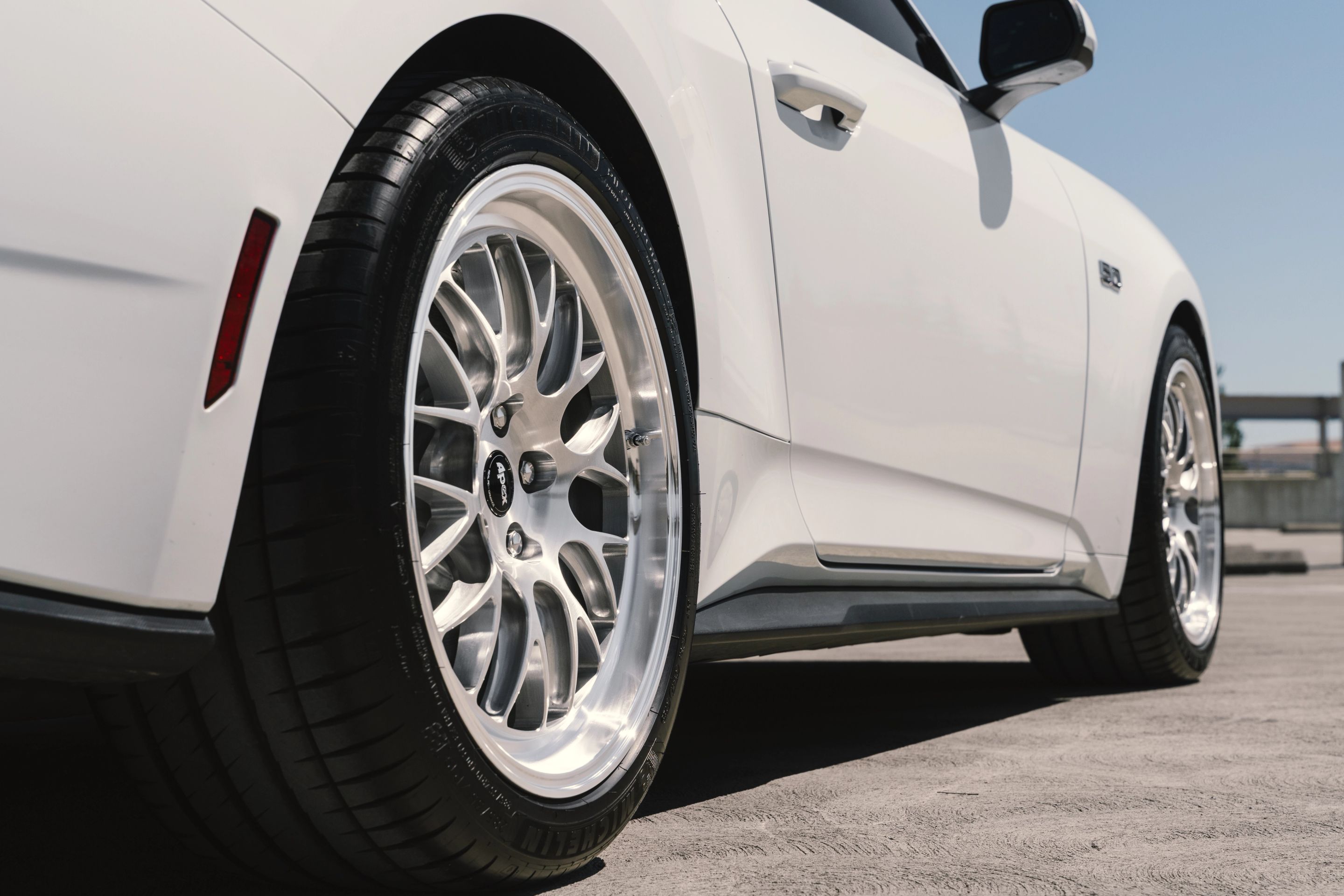 White Ford S650 Mustang GT with 19" ML-10RT Apex wheels in Machined Lip Brushed Clear