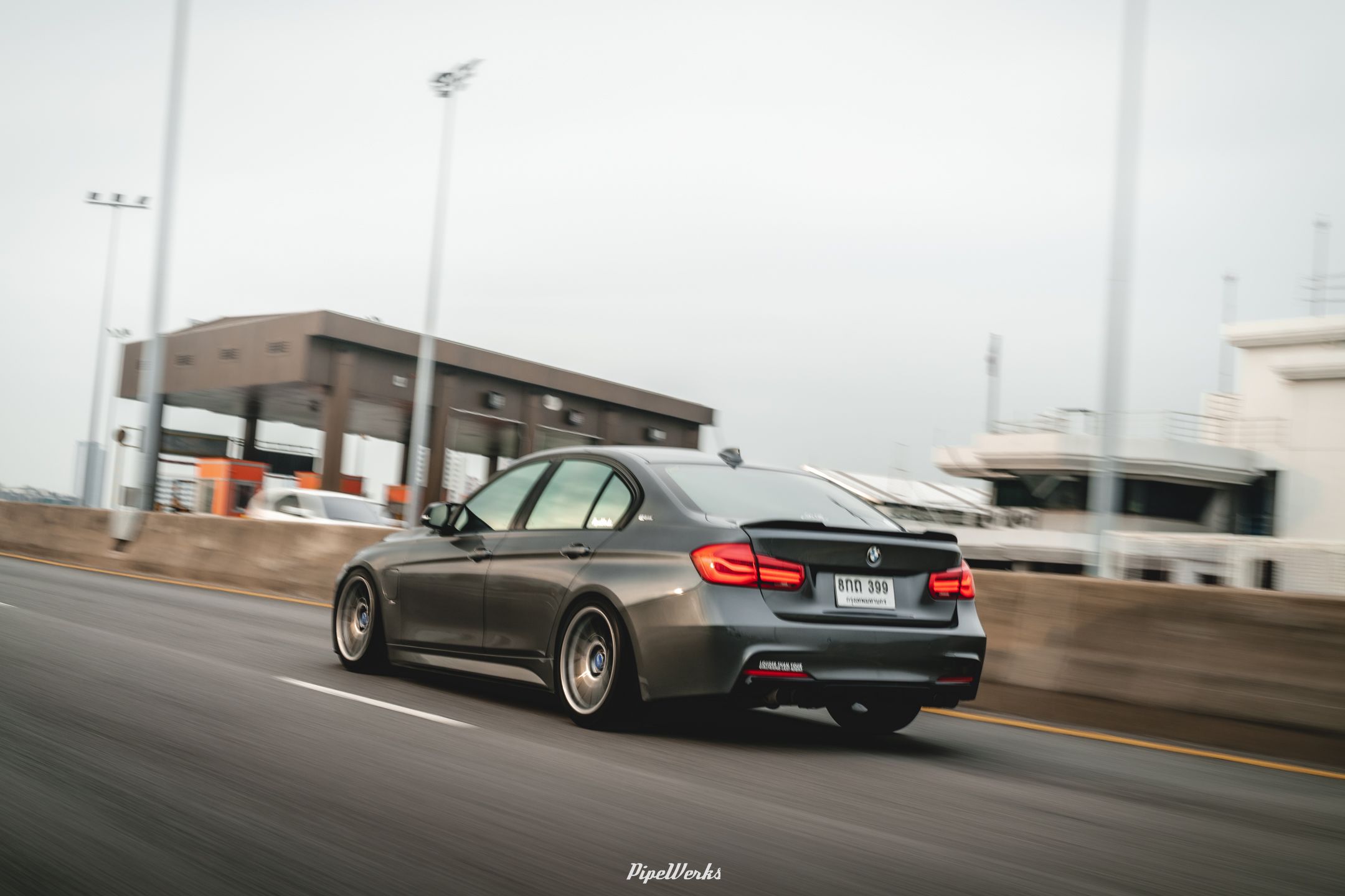 Grey BMW F30 Sedan 3 Series with 18" ARC-8 Apex wheels in Hyper Black