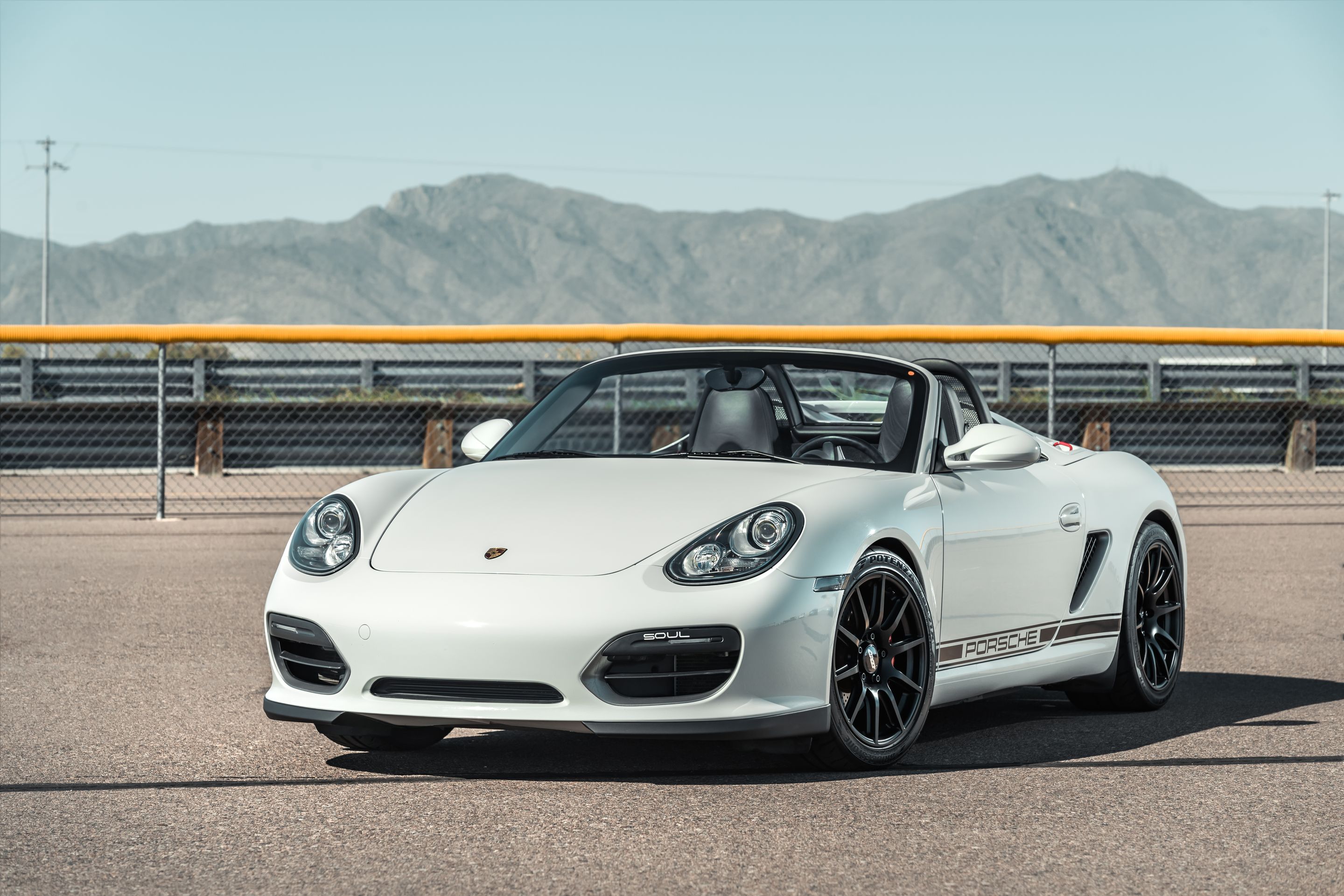 White Porsche 987 Boxster Spyder with 18" SM-10 Apex wheels in Satin Black