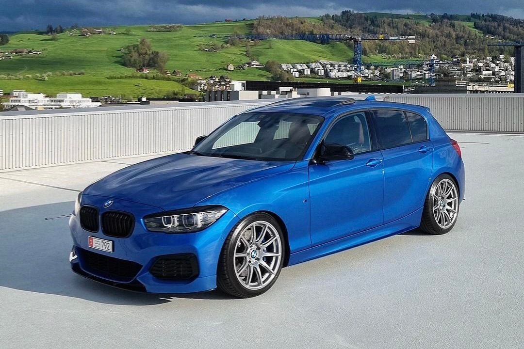 Blue BMW F20 Hatchback 1 Series with 18" SM-10 Apex wheels in Custom Finish