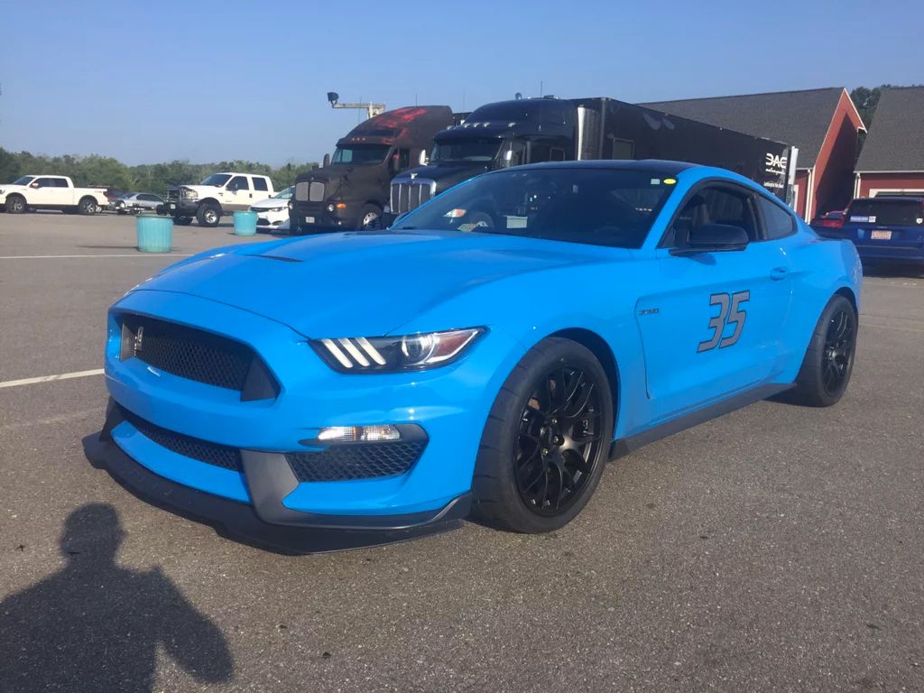 Blue Ford S550 Mustang GT350 with 19" EC-7 Apex wheels in Satin Black
