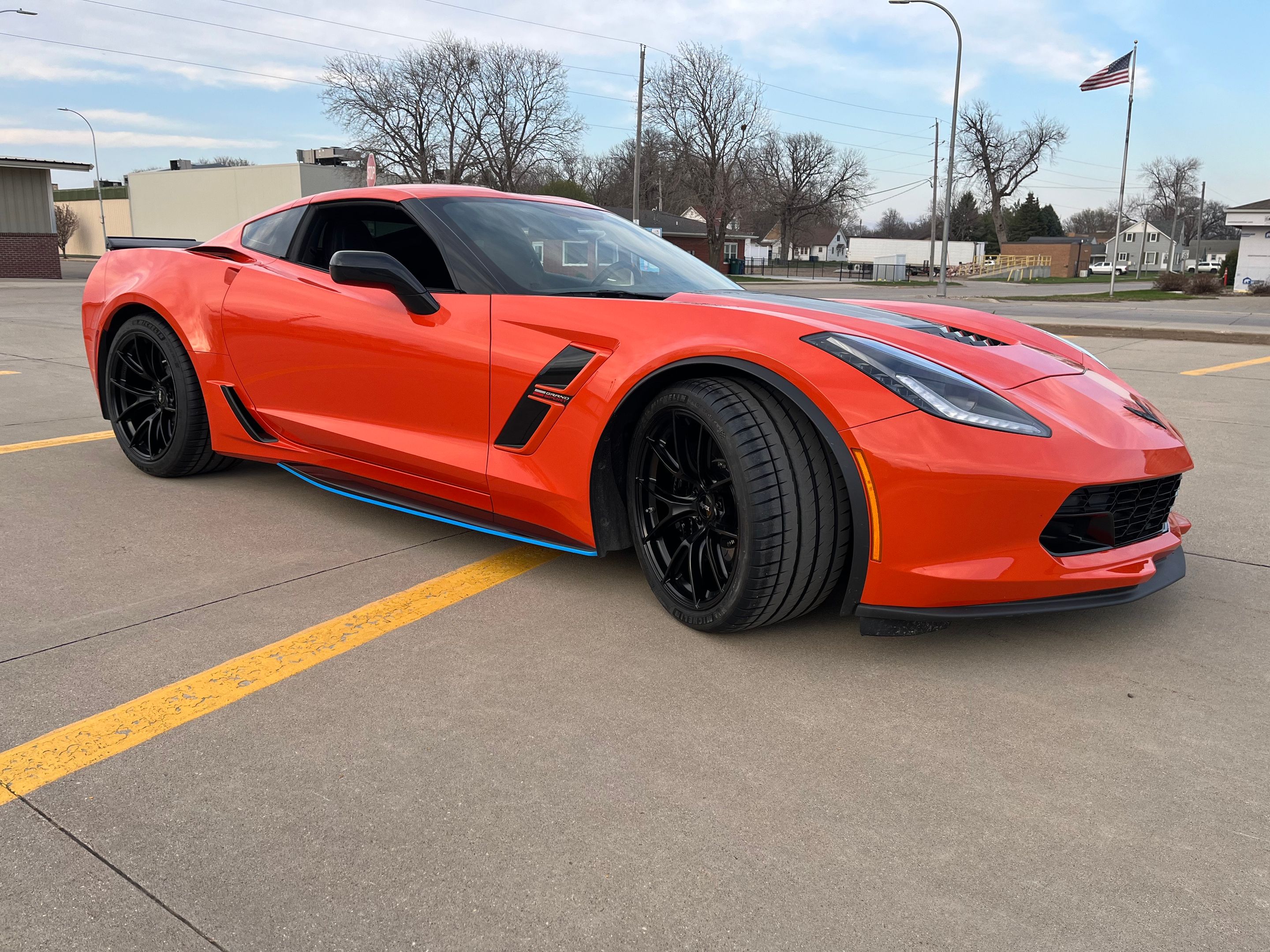Orange Chevrolet C7 Corvette Grand Sport with 19" VS-5RS Apex wheels in Satin Black