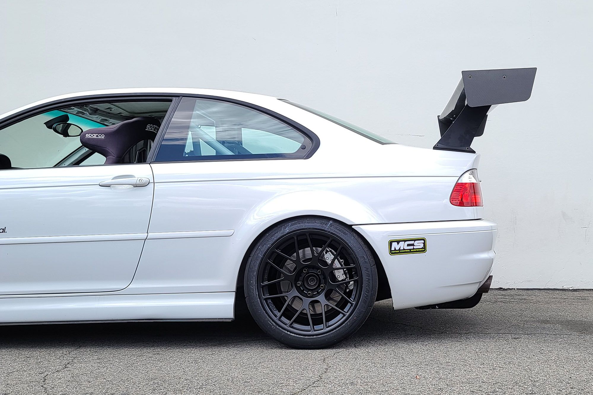 White BMW E46 M3 with 18" ARC-8R Apex wheels in Satin Black