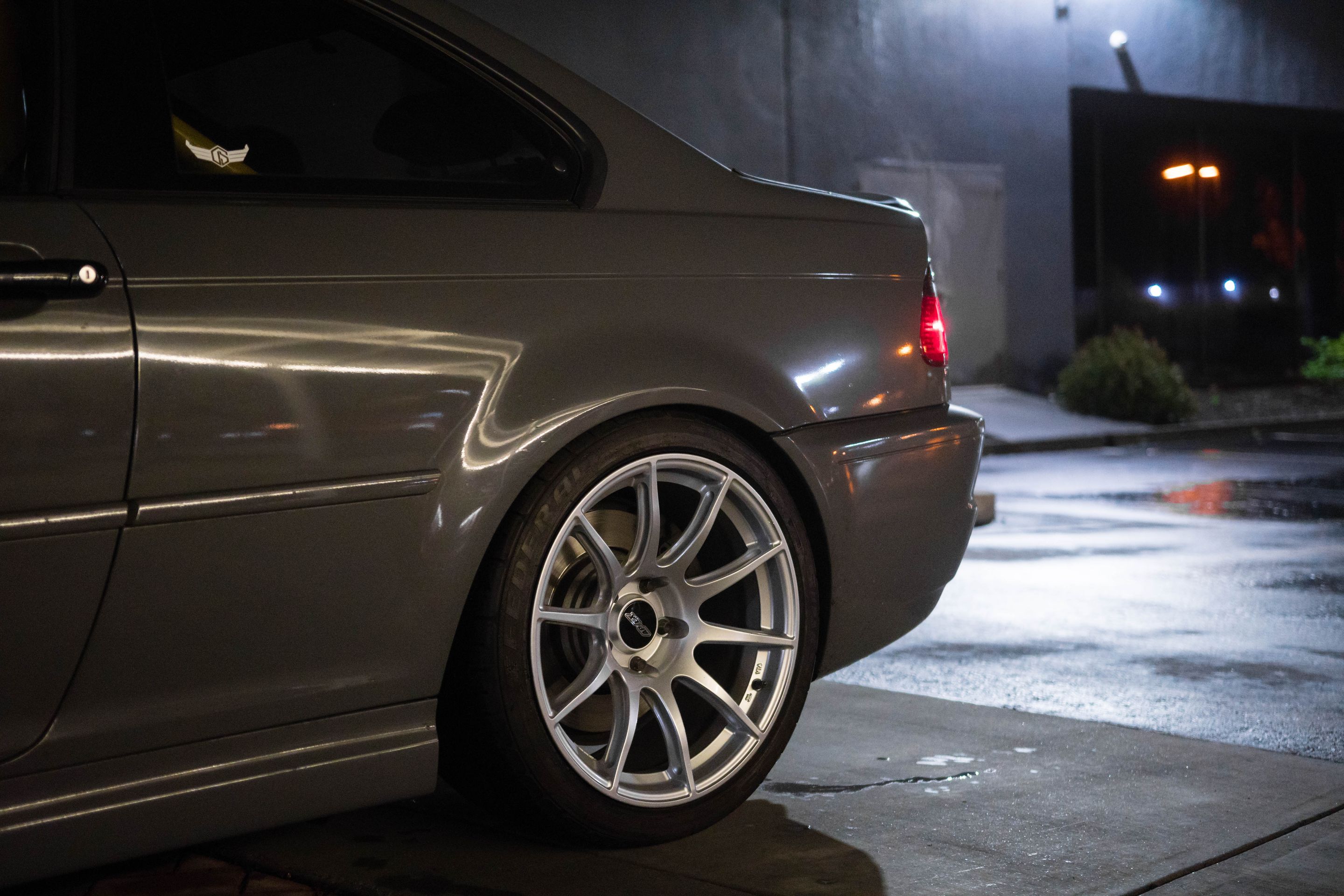 Grey BMW E46 M3 with 18" SM-10 Apex wheels in Race Silver