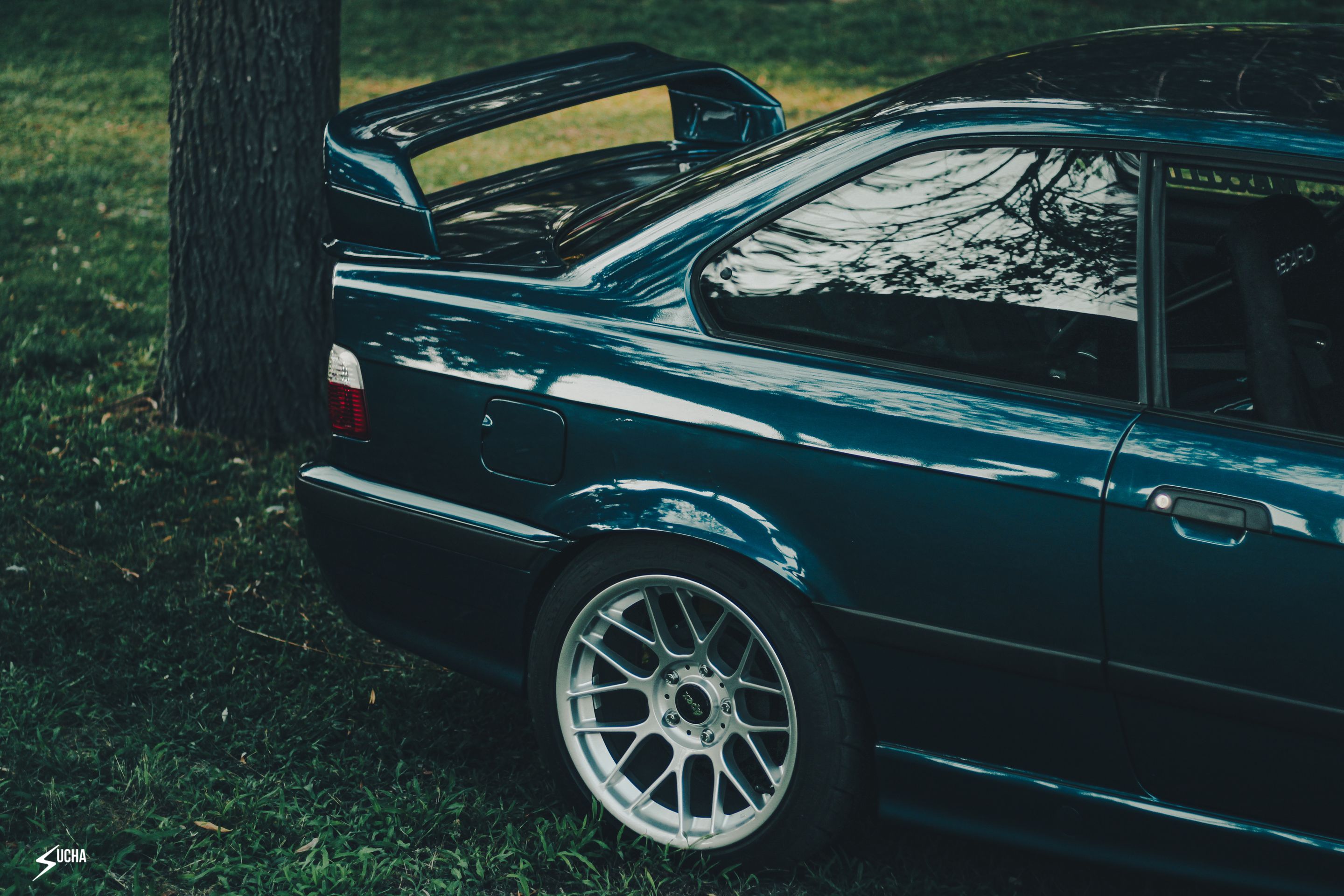 Blue BMW E36 M3 with 17" ARC-8 Apex wheels in Race Silver