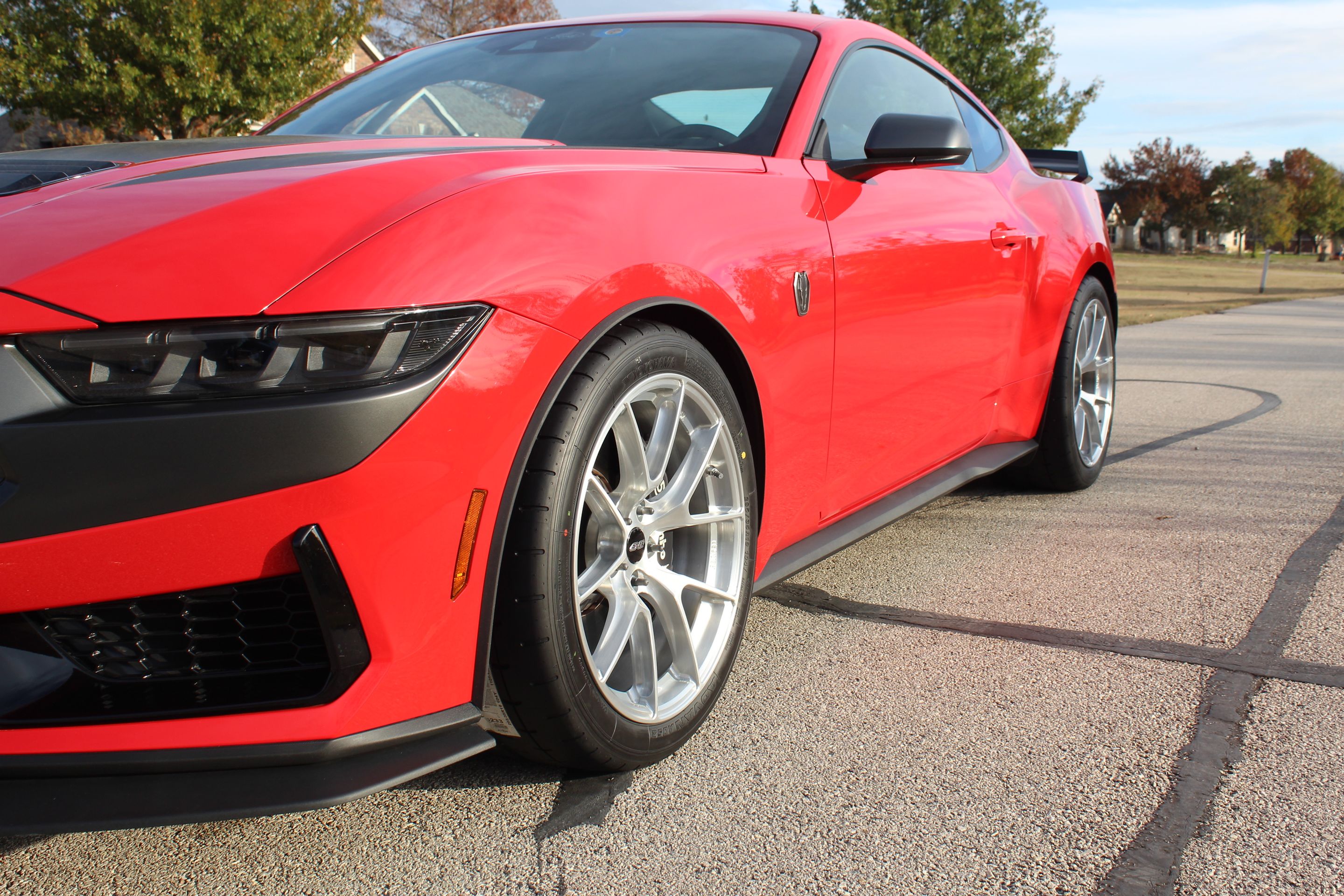 Red Ford S650 Mustang Dark Horse with 19" VS-5RS Apex wheels in Brushed Clear