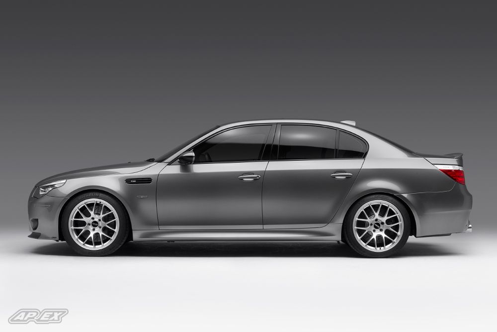 Grey BMW E60 M5 with 19" EC-7 Apex wheels in Race Silver