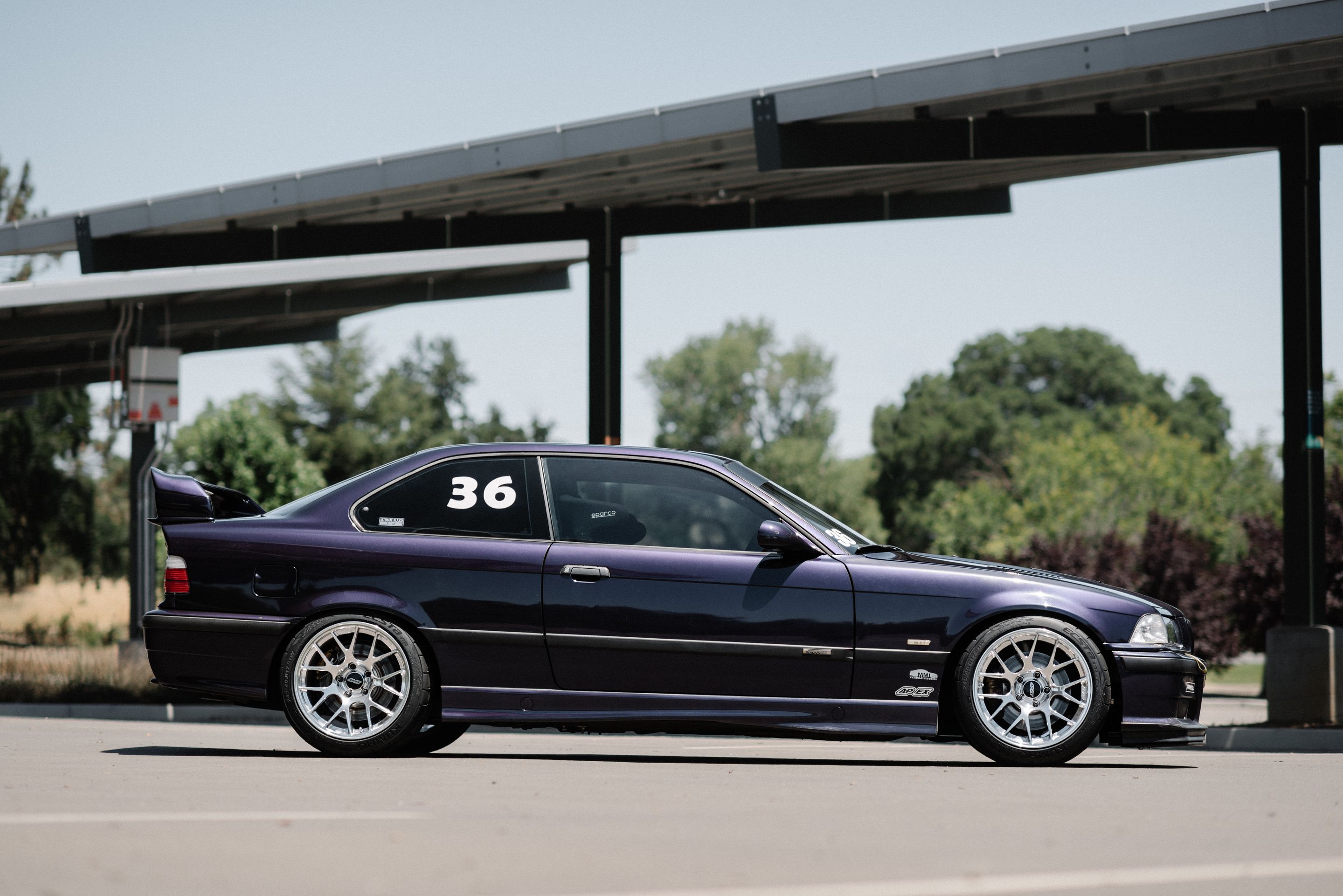 Purple BMW E36 M3 with 17" EC-7R Apex wheels in Polished