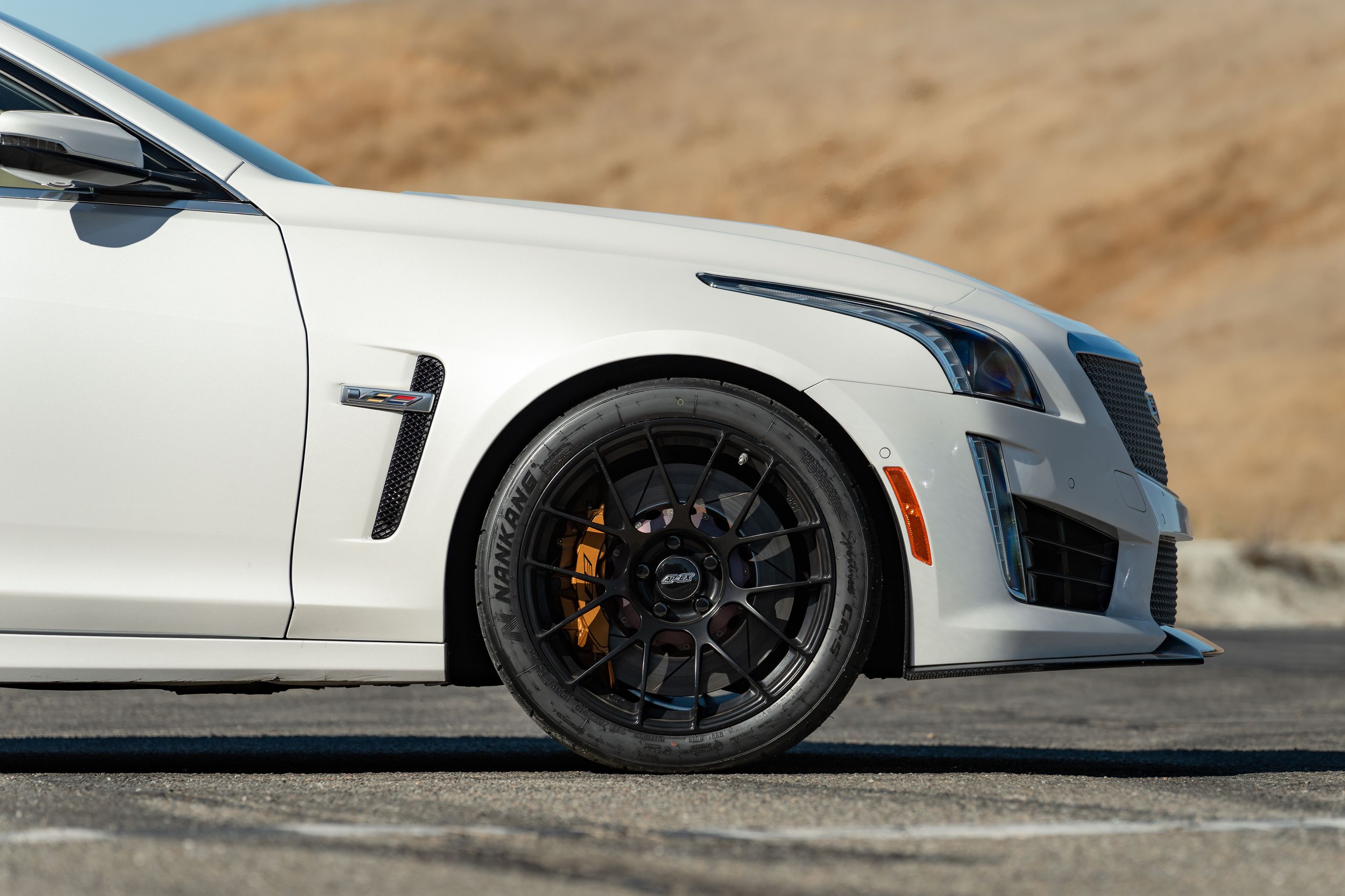 White Cadillac Gen 3 CTS-V with 19" EC-7RS Apex wheels in Satin Black