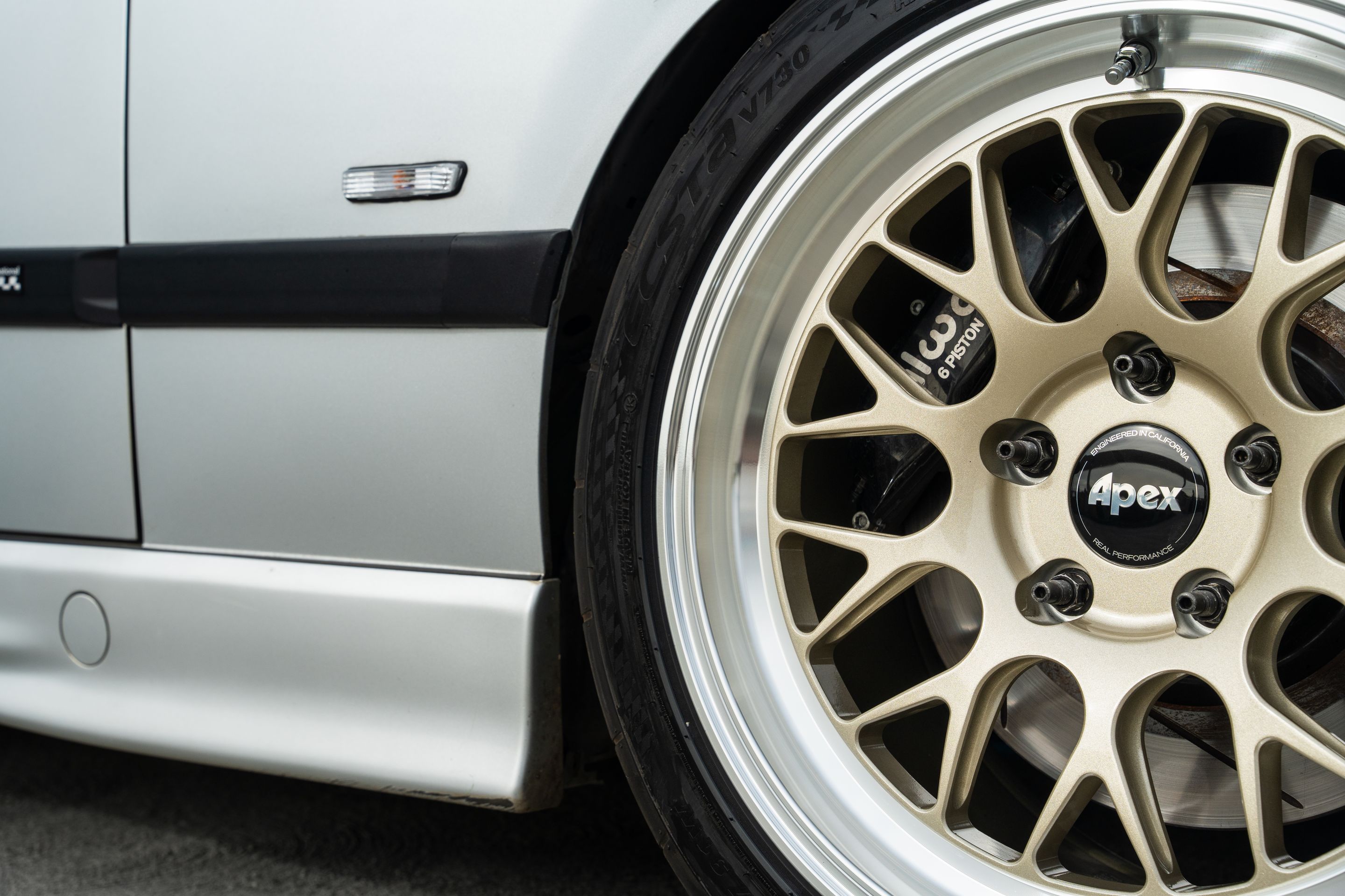 Silver BMW E36 3 Series with 17" ML-10RT Apex wheels in Machined Lip Gloss Motorsport Gold