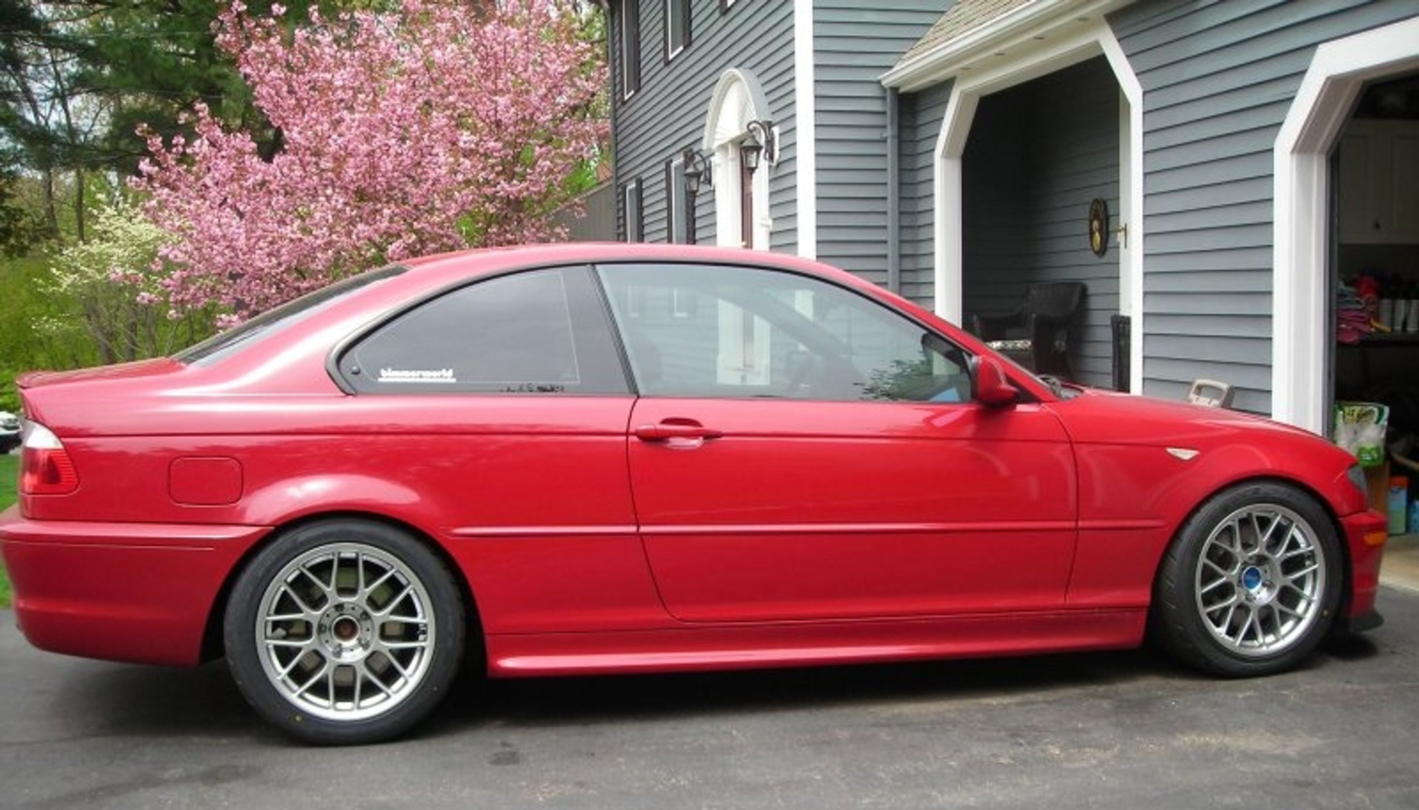 Red BMW E46 3 Series with 17" ARC-8 Apex wheels in Hyper Silver