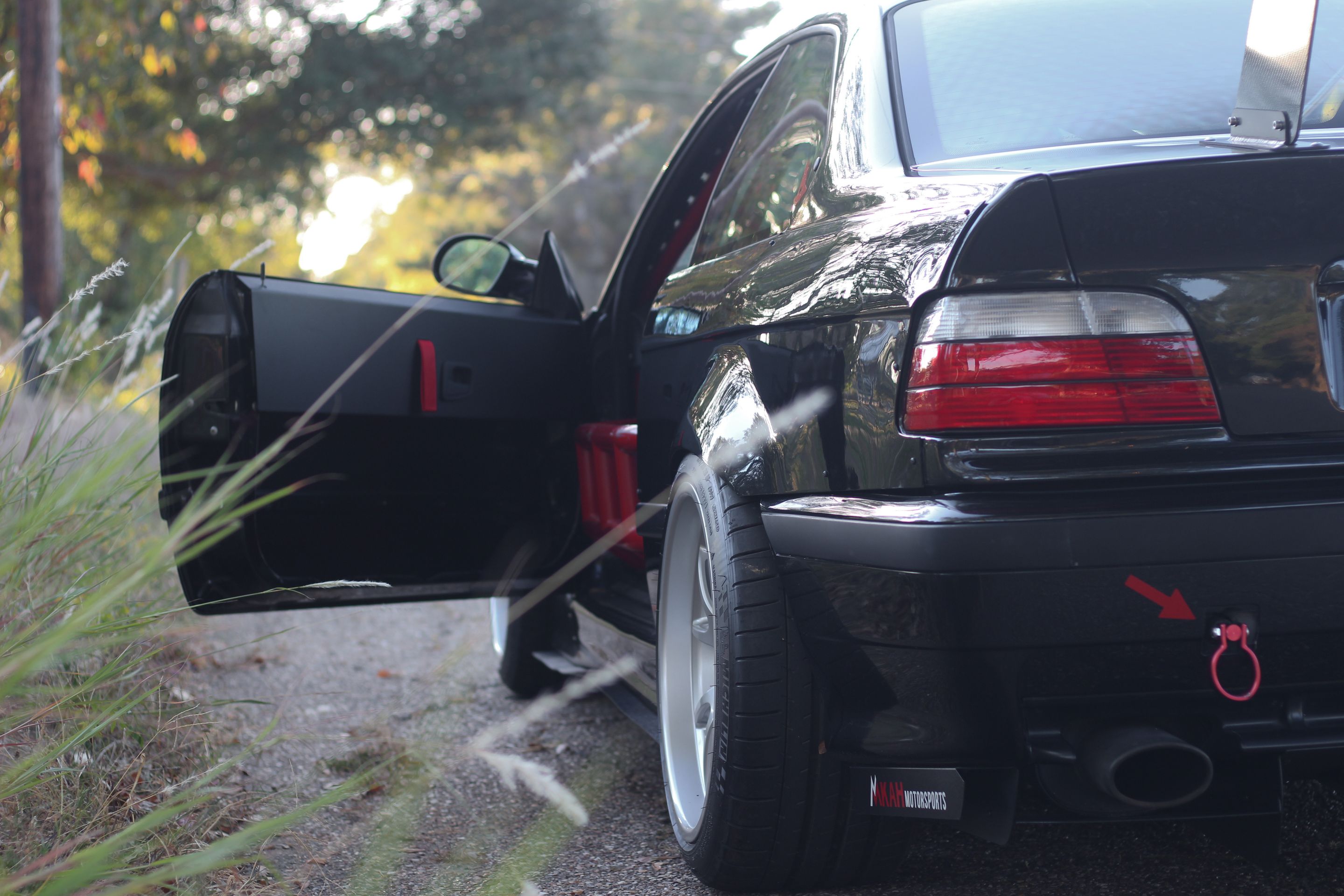 Black BMW E36 M3 with 18" FL-5 Apex wheels in Race Silver