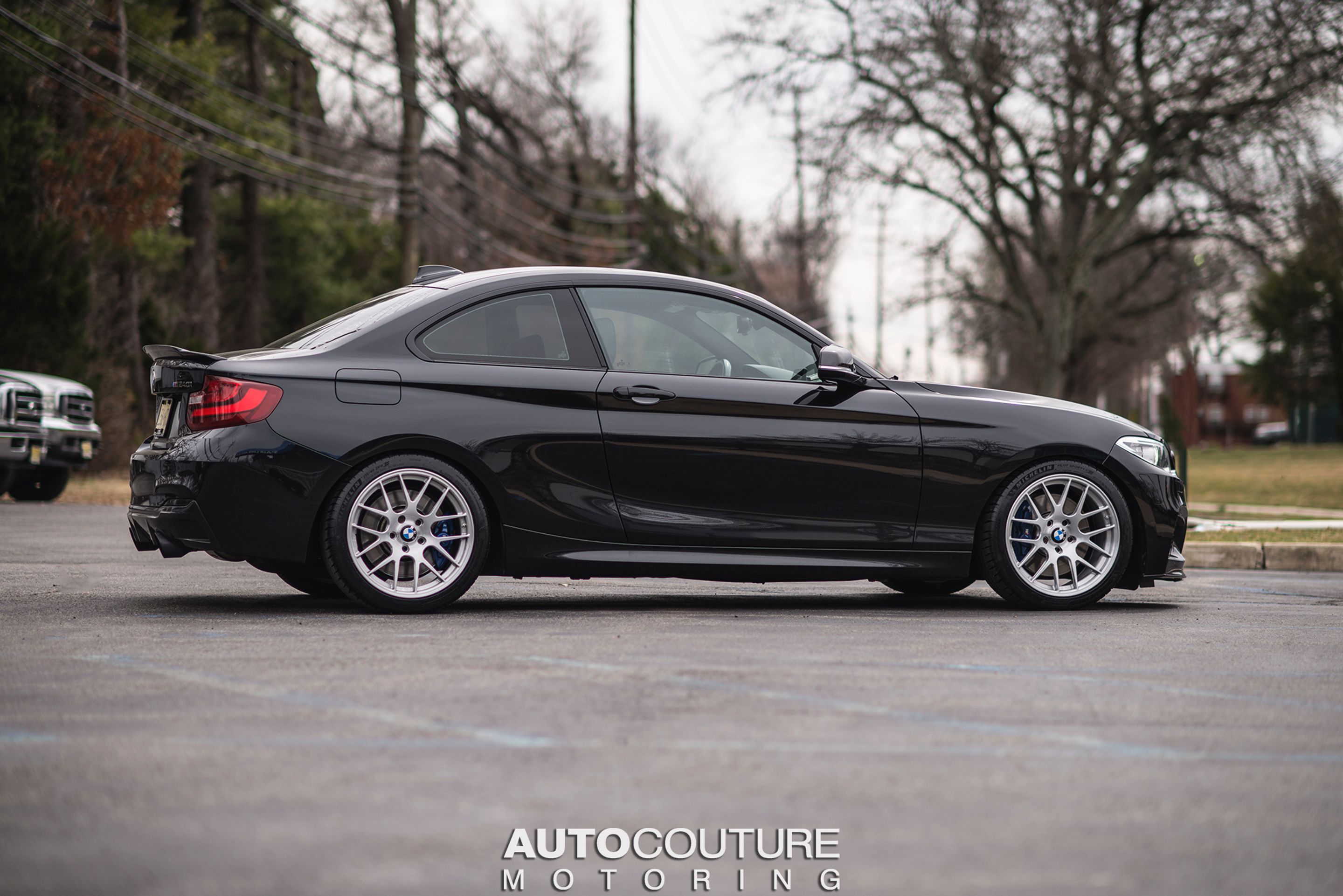 Black BMW F22 Coupe 2 Series with 18" EC-7R Apex wheels in Brushed Clear