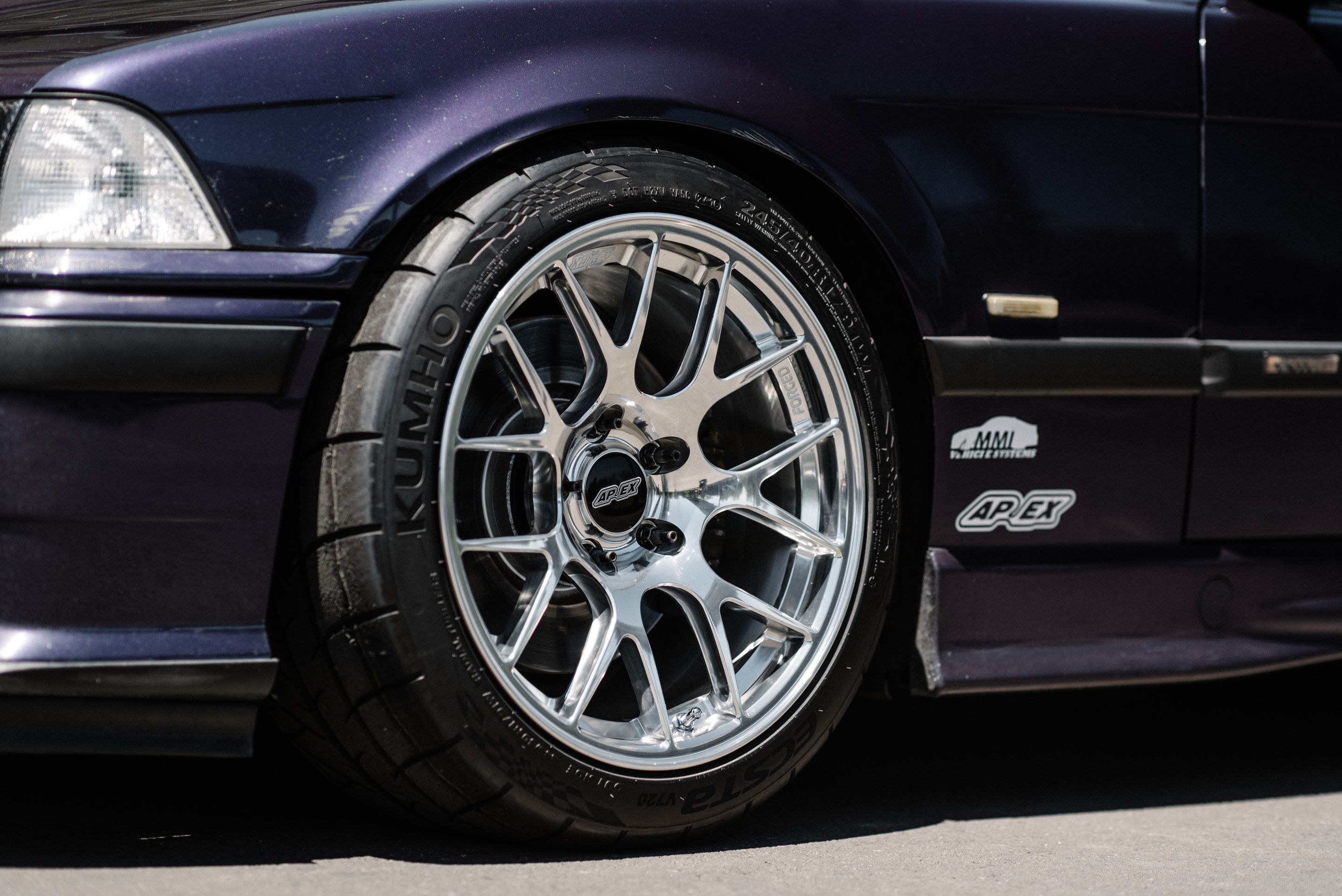 Purple BMW E36 M3 with 17" EC-7R Apex wheels in Polished
