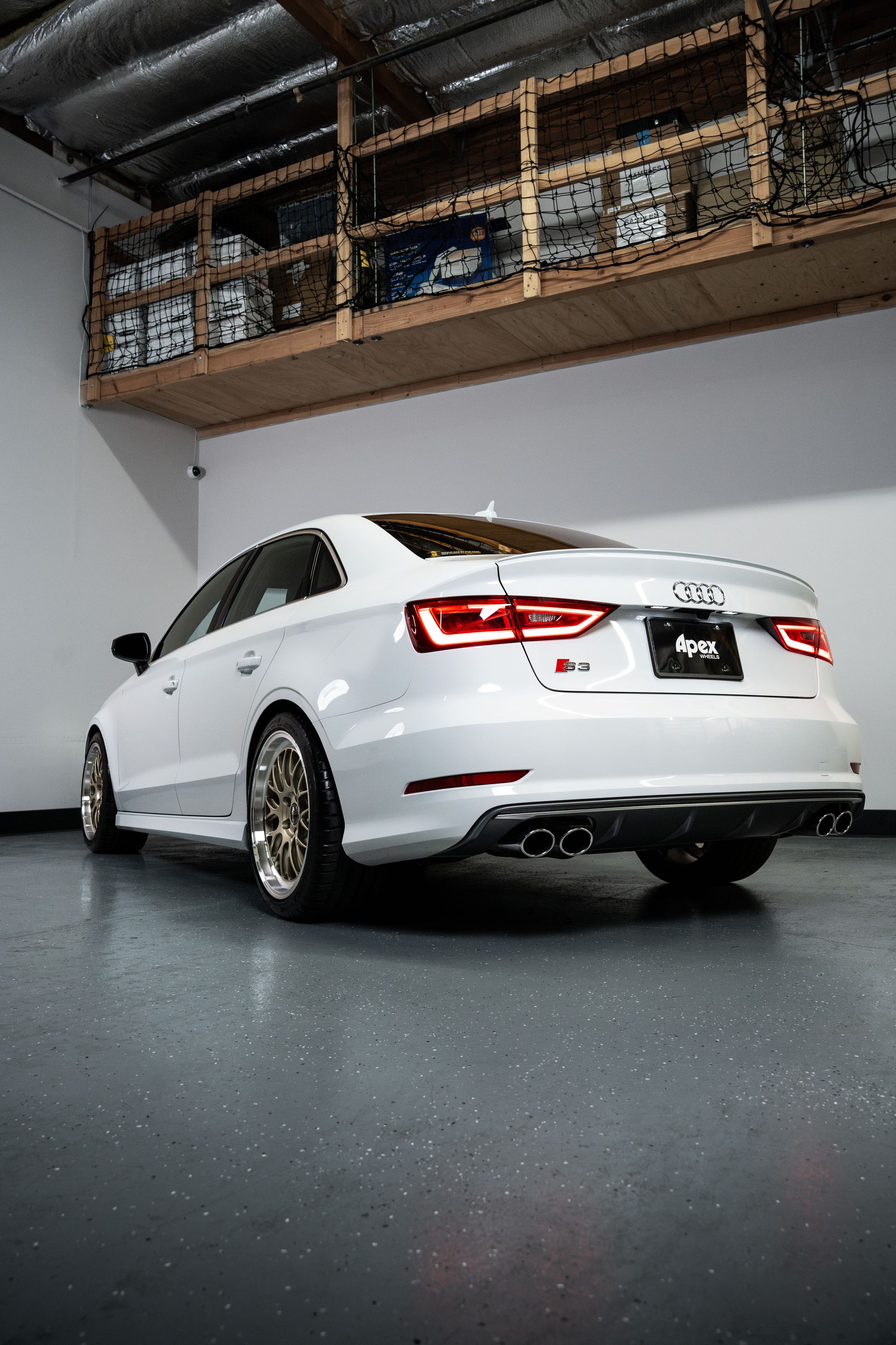 White Audi 8V S3 with 18" ML-10RT Apex wheels in Machined Lip Gloss Motorsport Gold