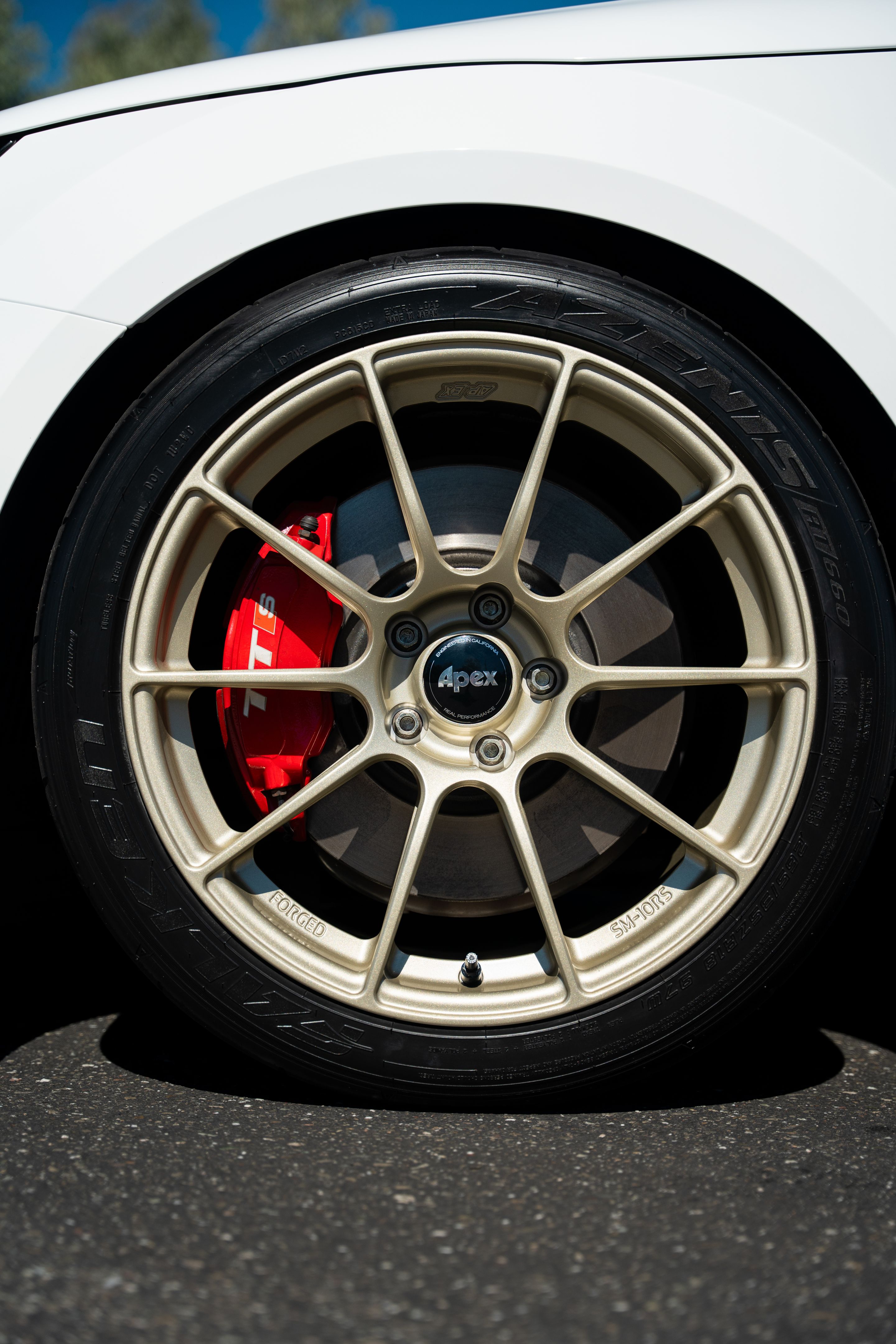 White Audi 8S TTS with 18" SM-10RS Apex wheels in Motorsport Gold