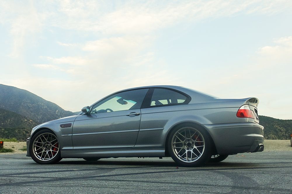 Grey BMW E46 M3 with 18" ARC-8 Apex wheels in Hyper Black