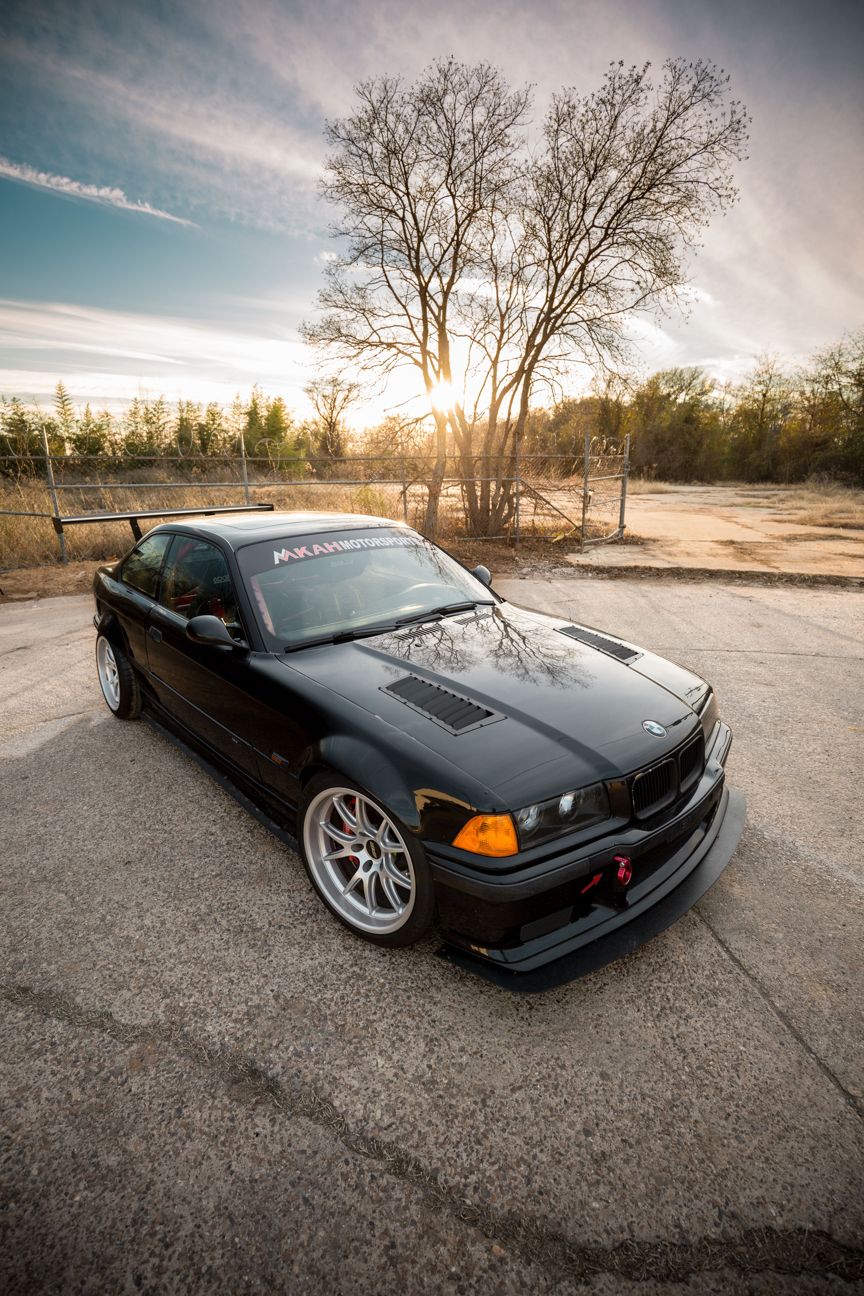Black BMW E36 M3 with 18" FL-5 Apex wheels in Race Silver