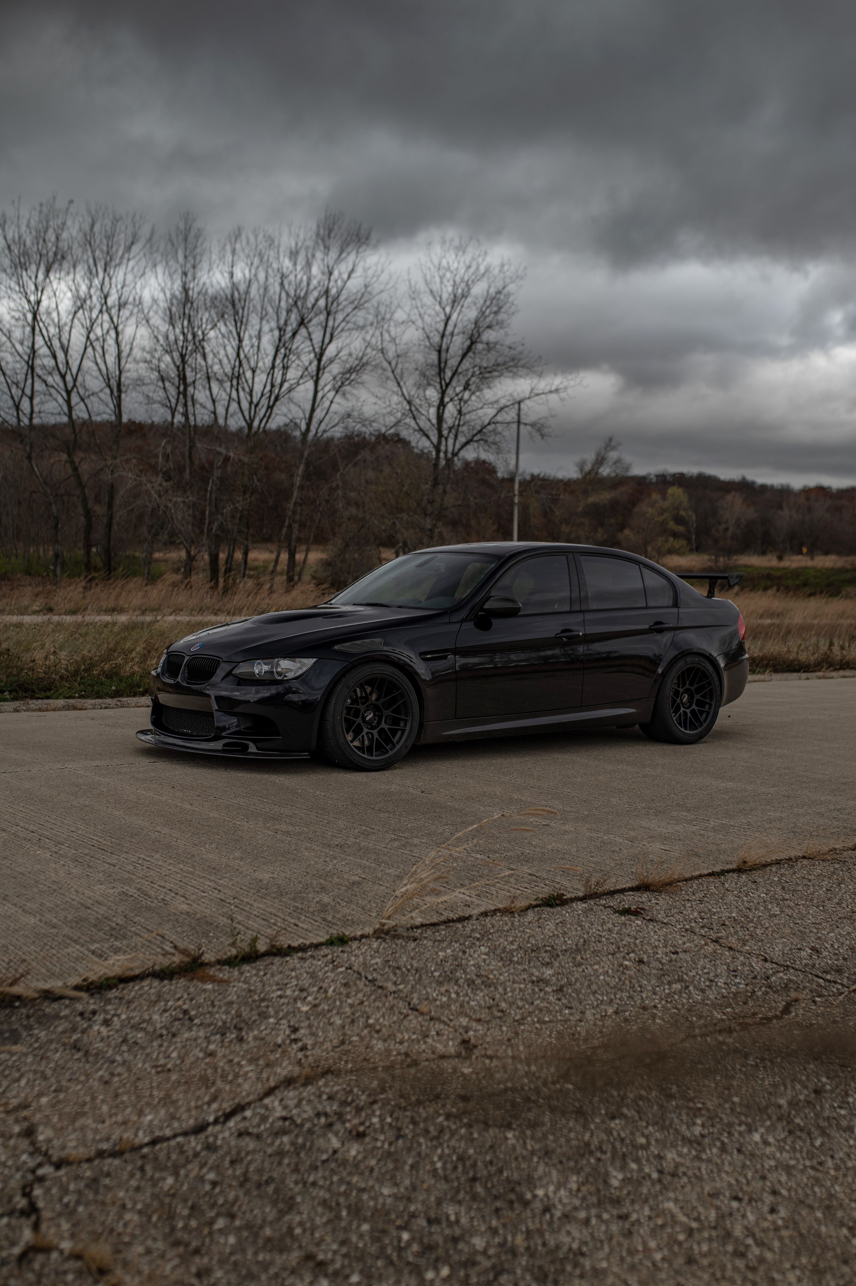 Black BMW E90 Sedan M3 with 18" ARC-8 Apex wheels in Satin Black