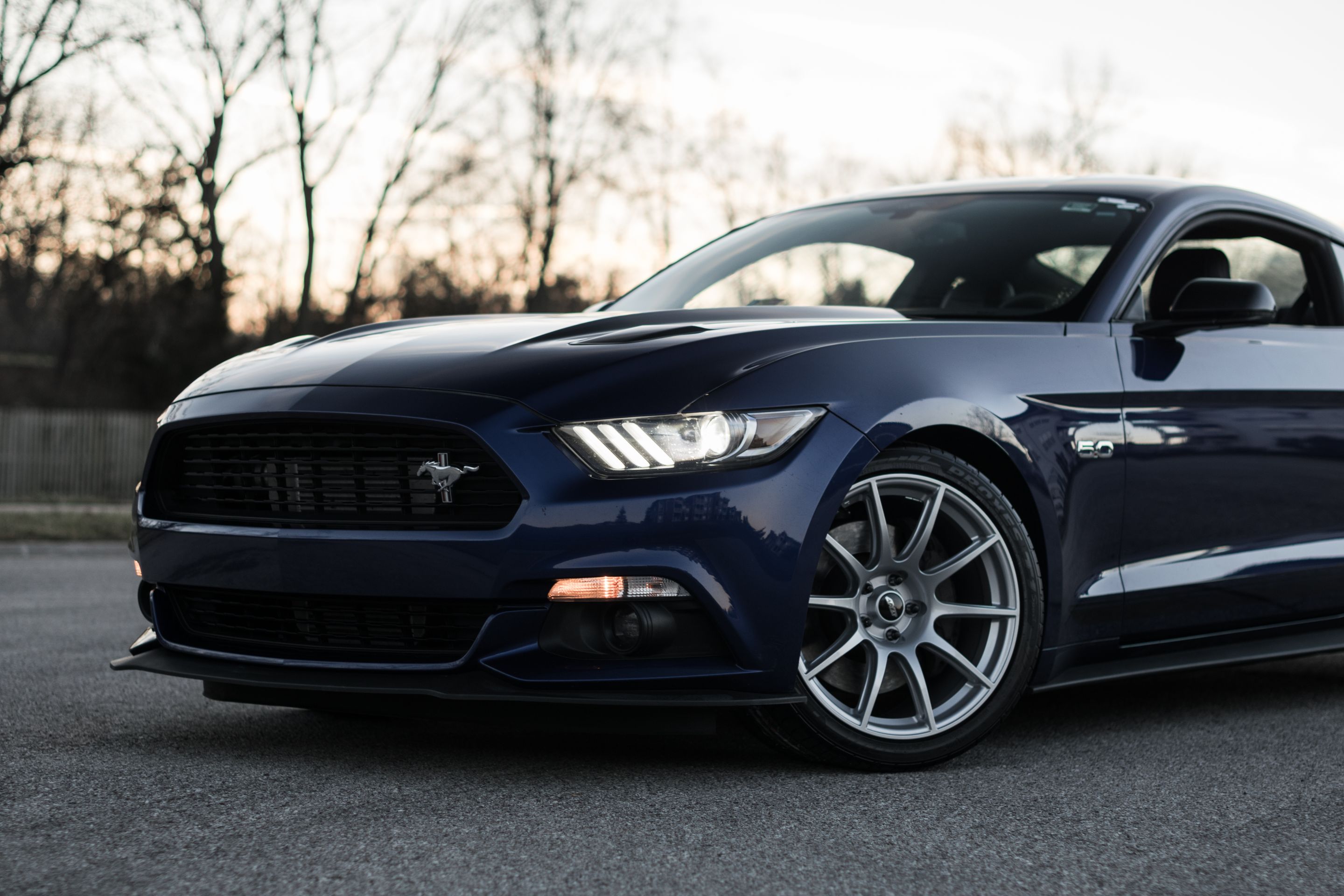 Blue Ford S550 Mustang GT with 19" SM-10 Apex wheels in Race Silver