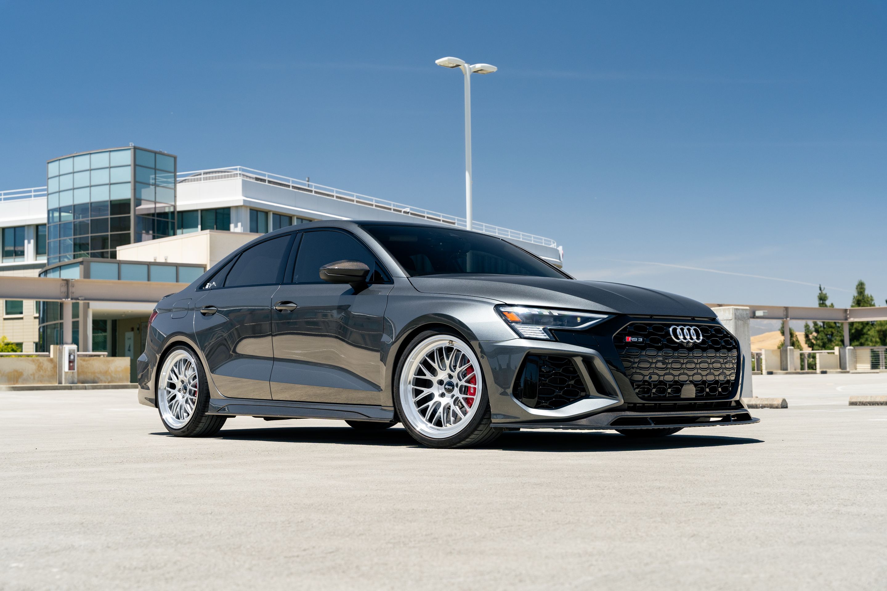 Grey Audi 8Y RS 3 with 19" ML-10RT Apex wheels in Machined Lip Race Silver