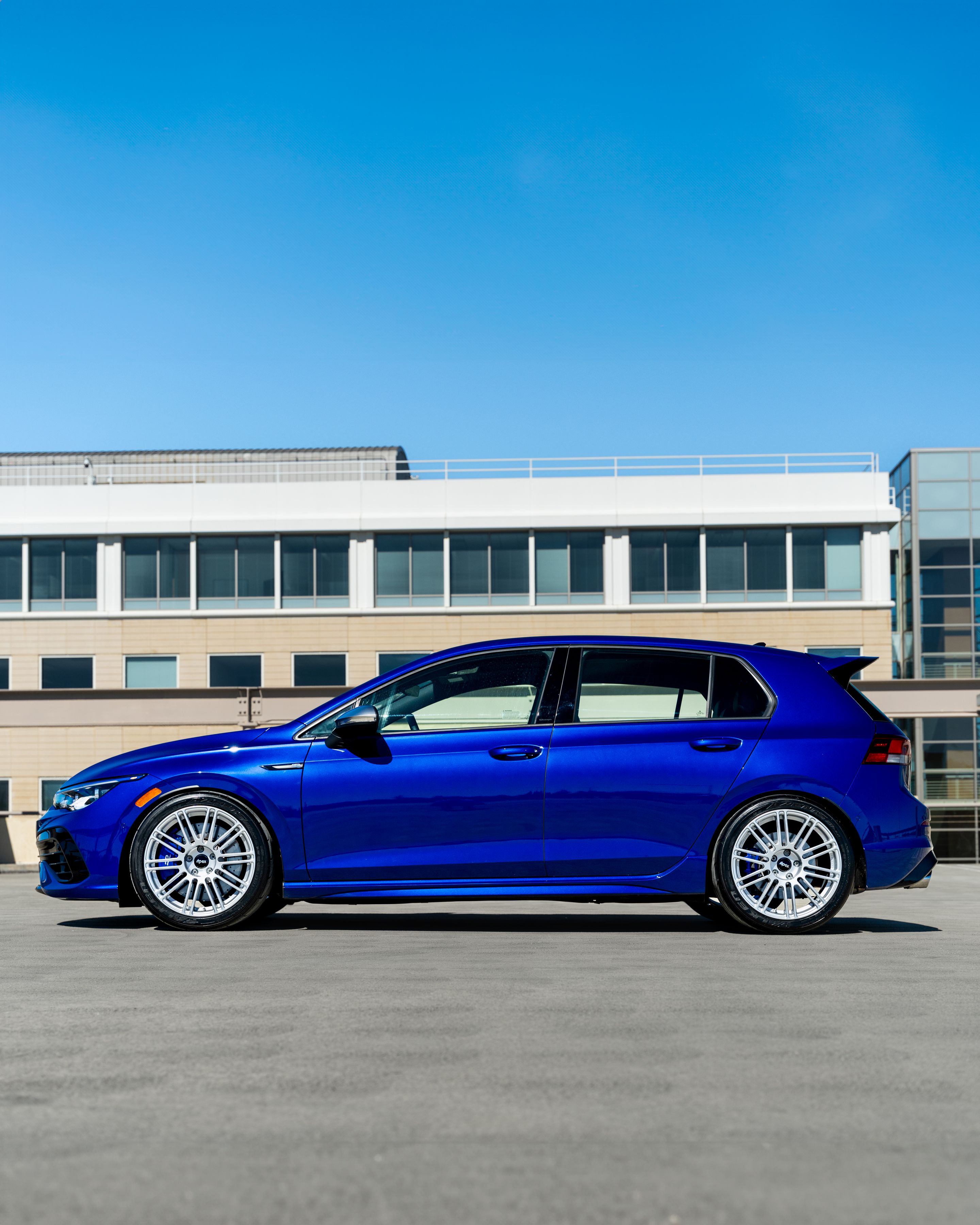 Blue VW MK8 Golf R with 18" TC-10RT Apex wheels in Race Silver