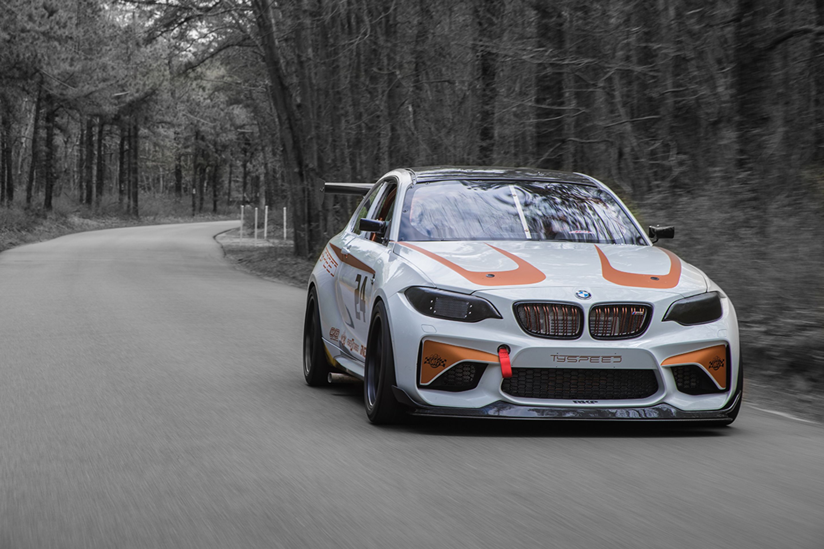 White BMW F87 M2 with 18" FL-5 Apex wheels in Satin Black