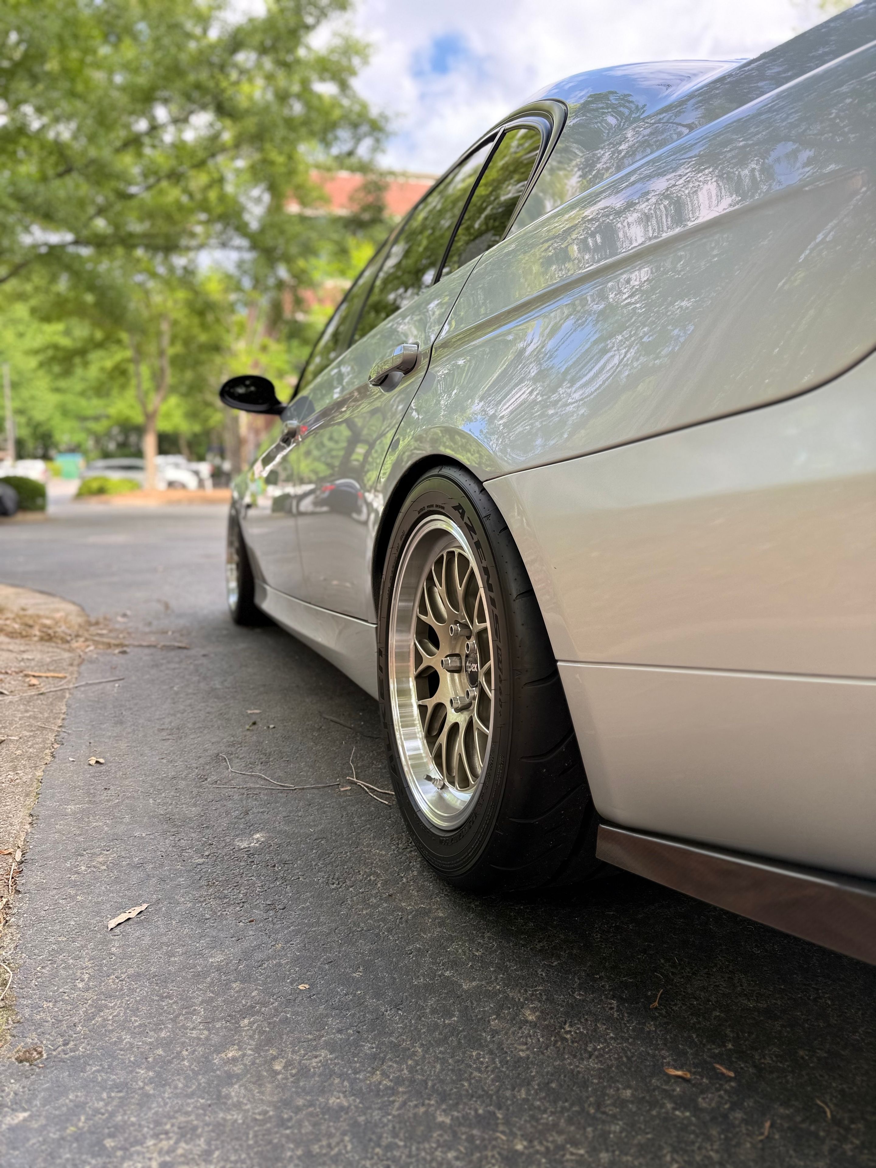 Silver BMW E90 Sedan 3 Series with 17" ML-10RT Apex wheels in Machined Lip Gloss Motorsport Gold