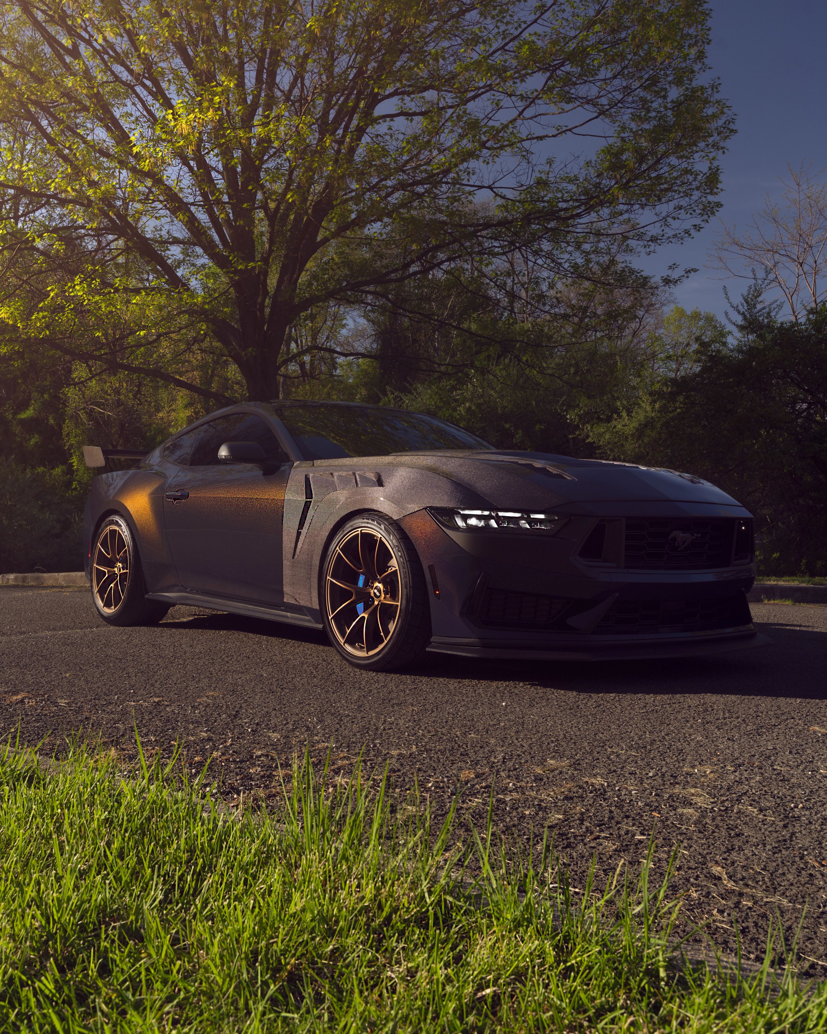 Orange Ford S650 Mustang Dark Horse with 20" VS-5RS Apex wheels in Satin Bronze