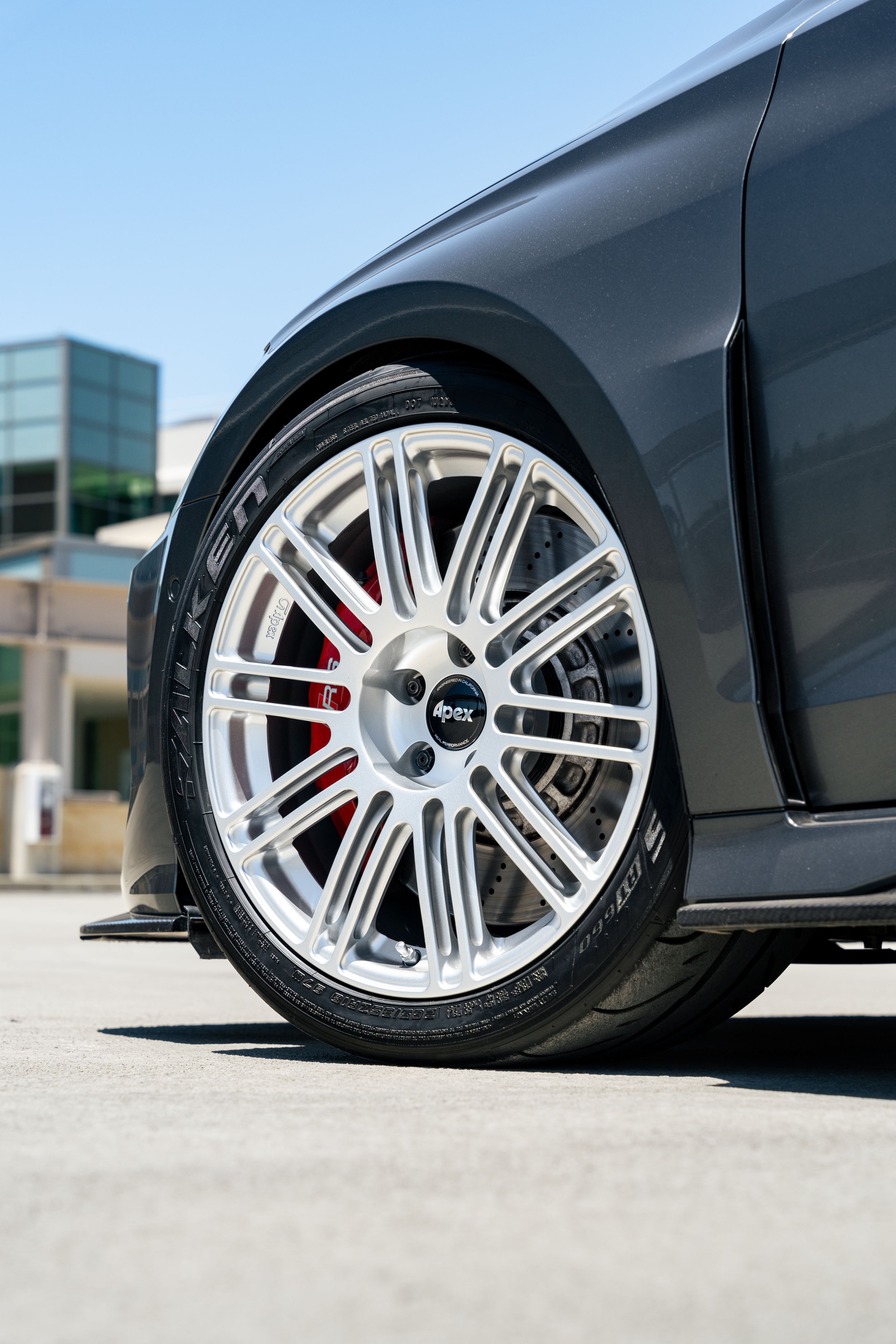 Grey Audi 8Y RS 3 with 18" TC-10RT Apex wheels in Race Silver