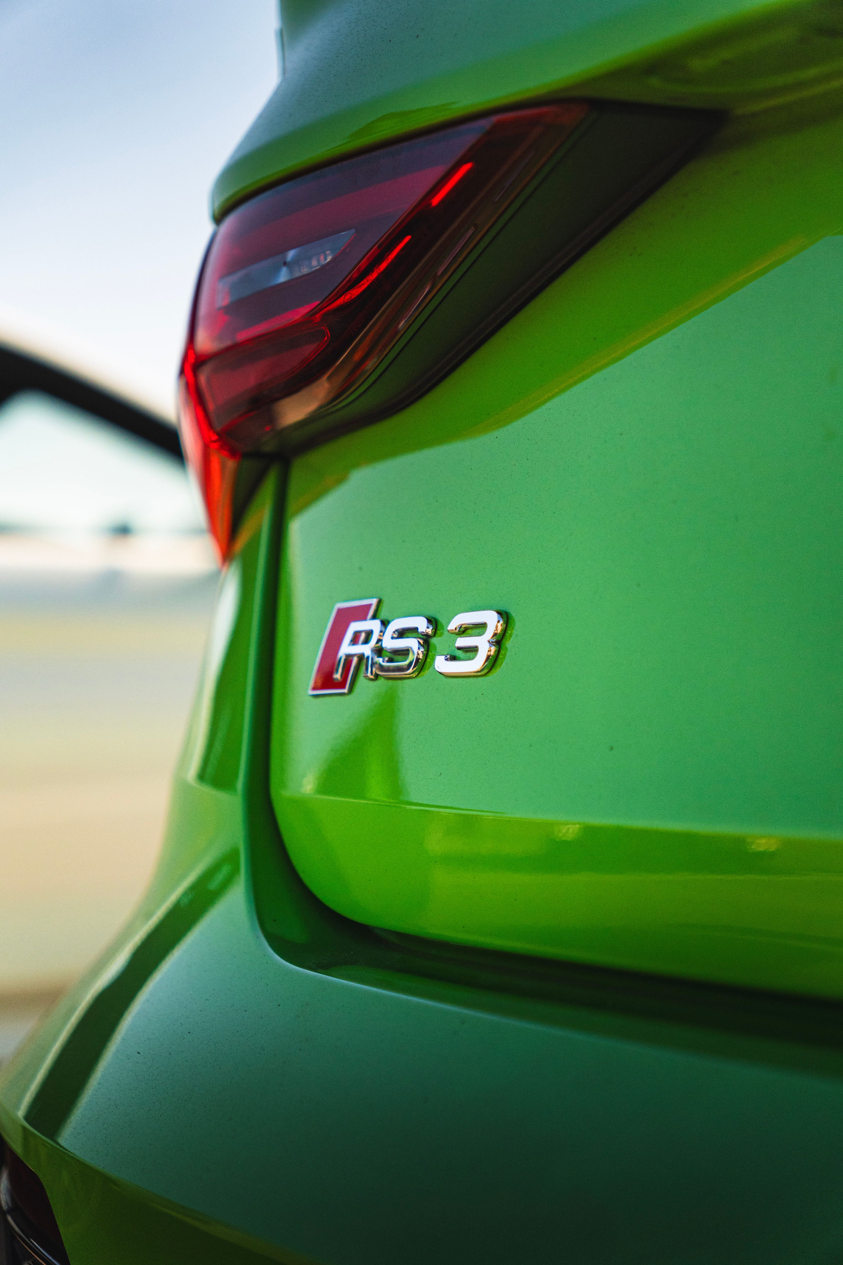 Green Audi 8Y RS 3 with 18" VS-5RS Apex wheels in Brushed Clear