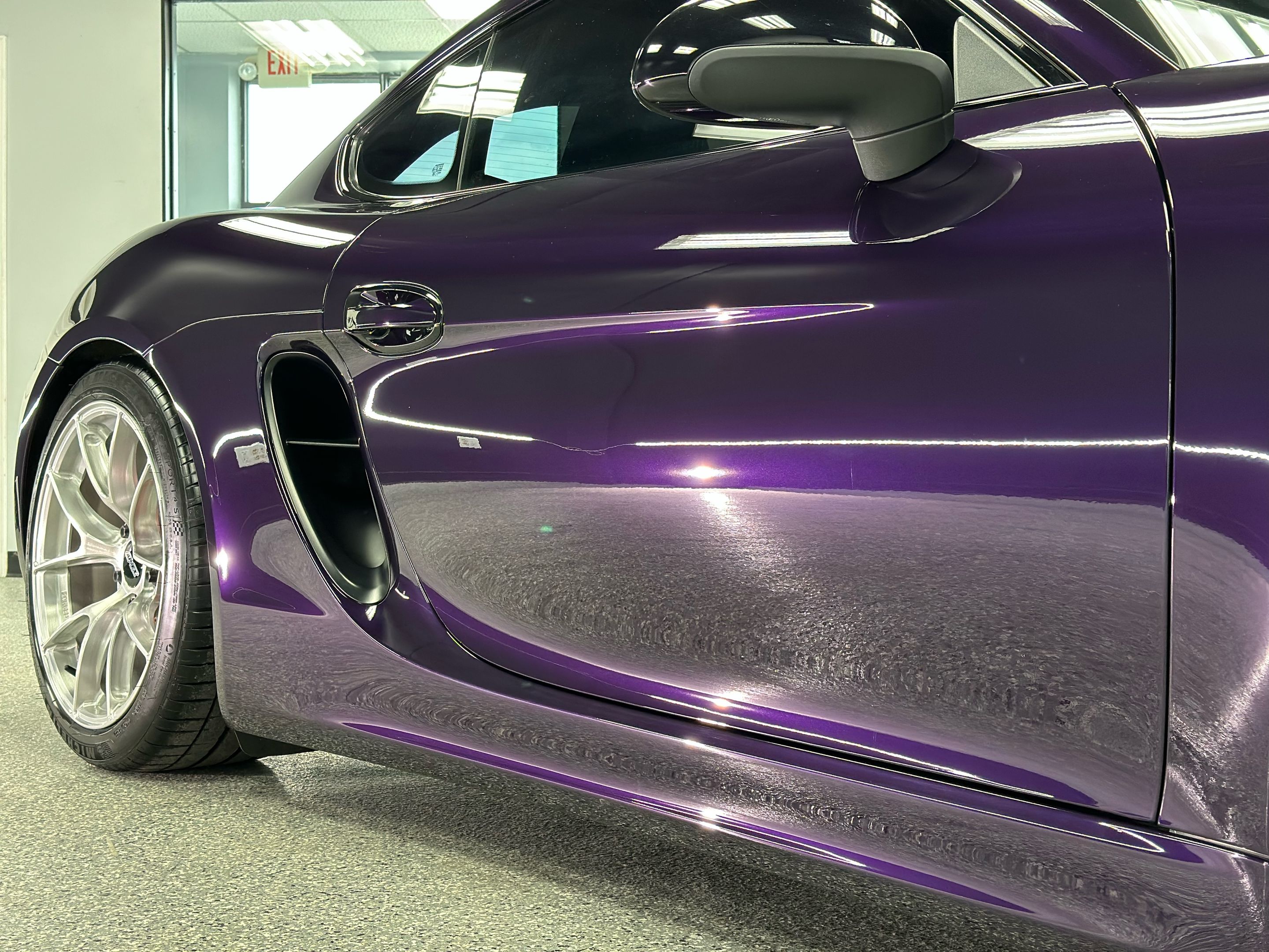 Purple Porsche 981 Cayman GTS with 19" VS-5RS Apex wheels in Brushed Clear