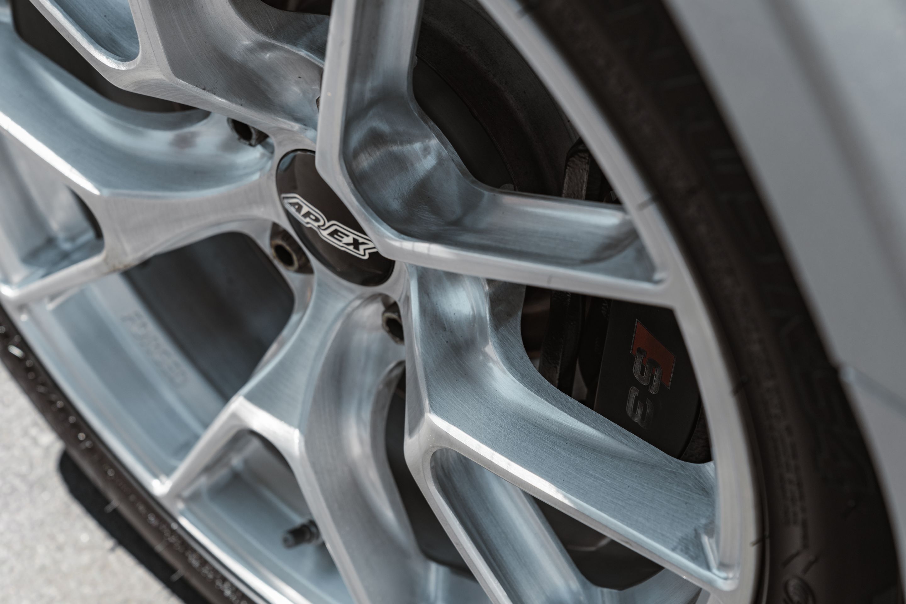 Silver Audi 8V S3 with 17" VS-5RS Apex wheels in Brushed Clear