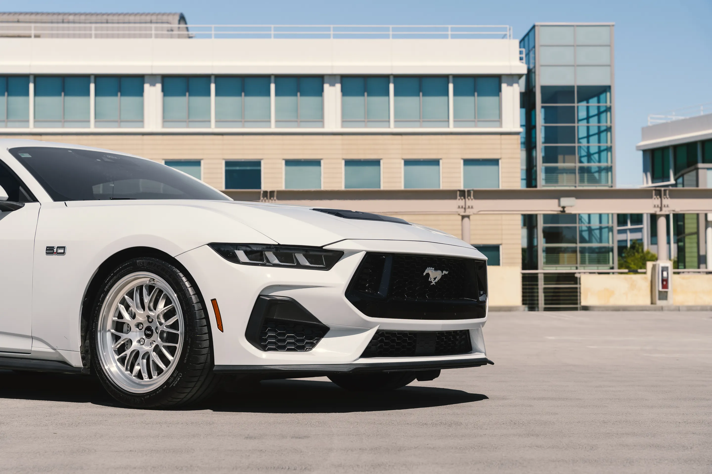 White Ford S650 Mustang GT with 19" ML-10RT Apex wheels in Machined Lip Brushed Clear