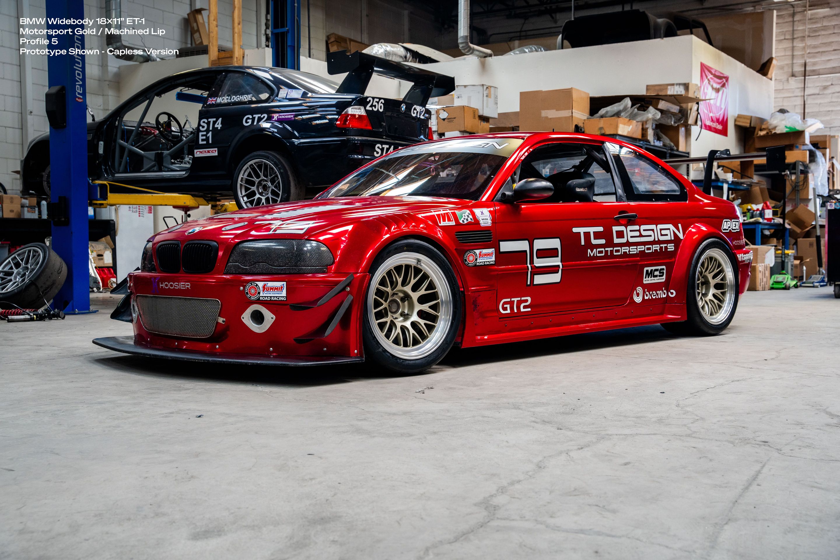 Red BMW E46 M3 with 18" ML-10RT Apex wheels in Machined Lip Gloss Motorsport Gold
