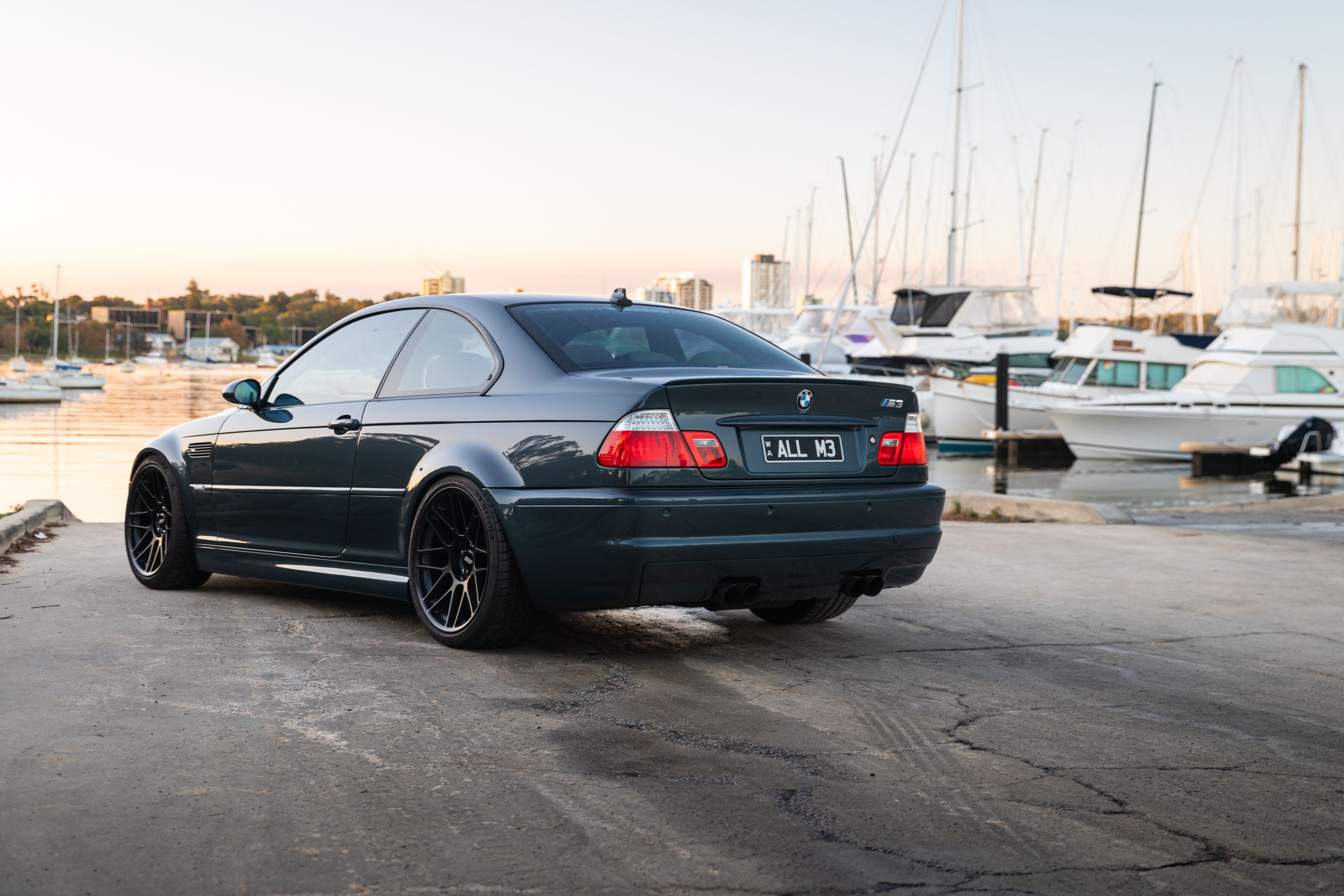 Blue BMW E46 M3 with 19" ARC-8 Apex wheels in Satin Black