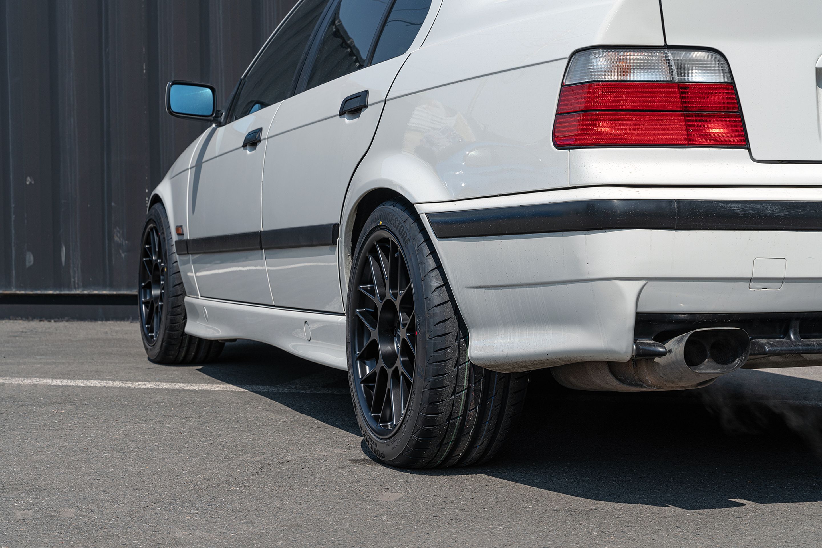 White BMW E36 3 Series with 17" ARC-8 Apex wheels in Satin Black