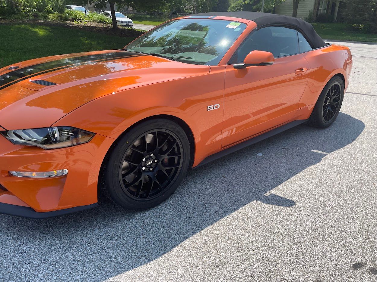 Orange Ford S550 Mustang GT with 19" EC-7 Apex wheels in Satin Black