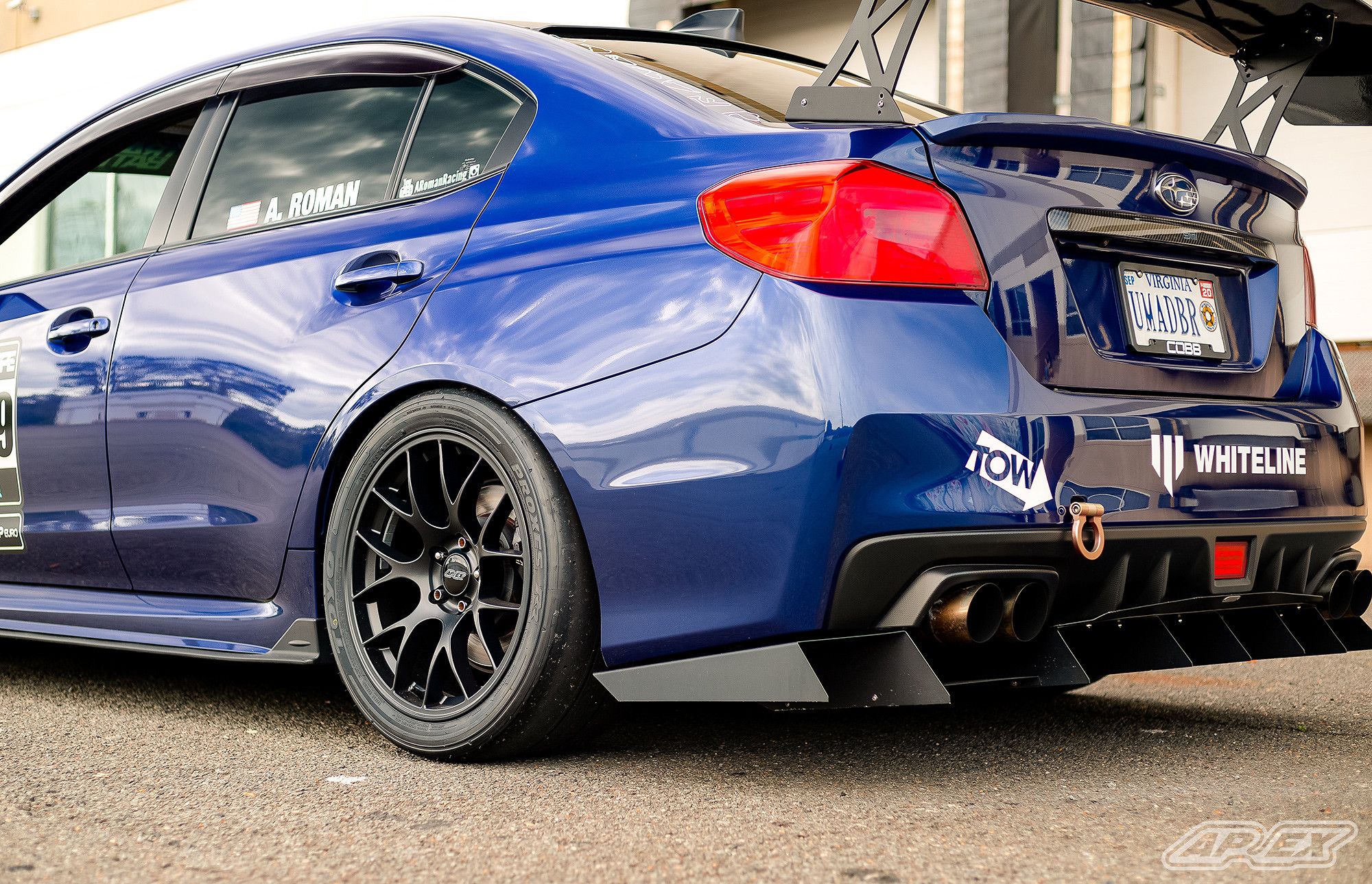 Blue Subaru VA WRX STI with 18" EC-7 Apex wheels in Satin Black