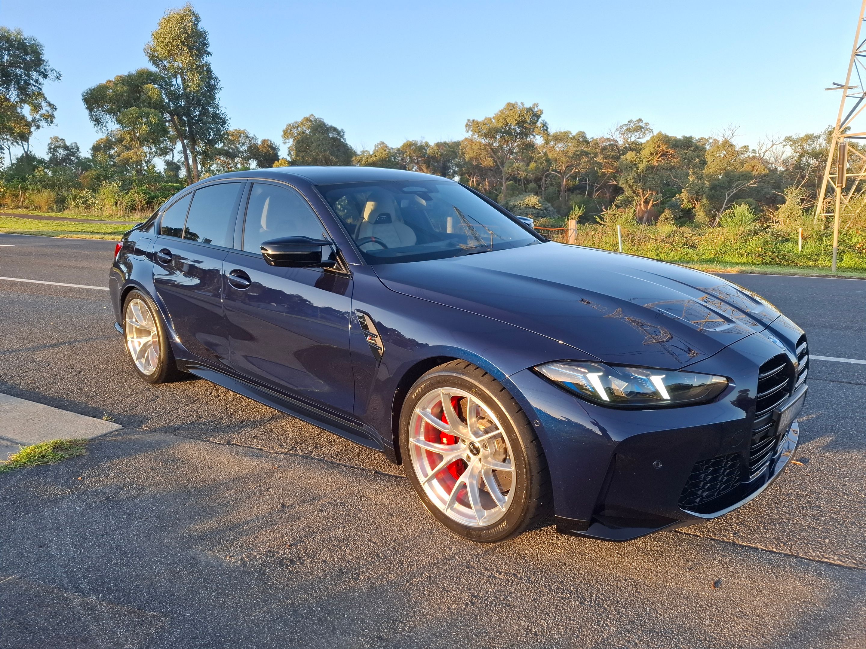 Blue BMW G80 M3 with 19" VS-5RS Apex wheels in Brushed Clear