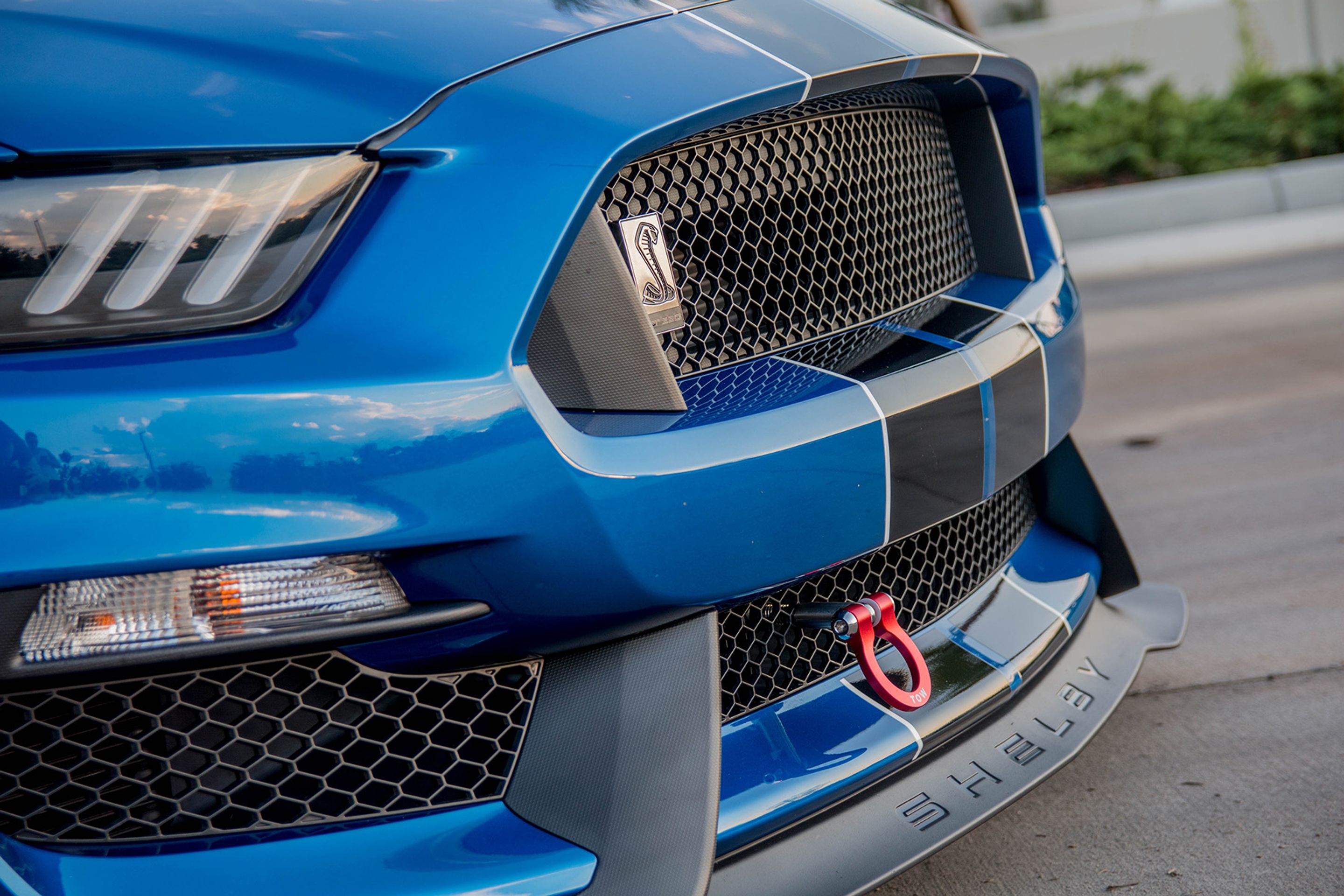 Blue Ford S550 Mustang GT350 with 19" EC-7 Apex wheels in Satin Black