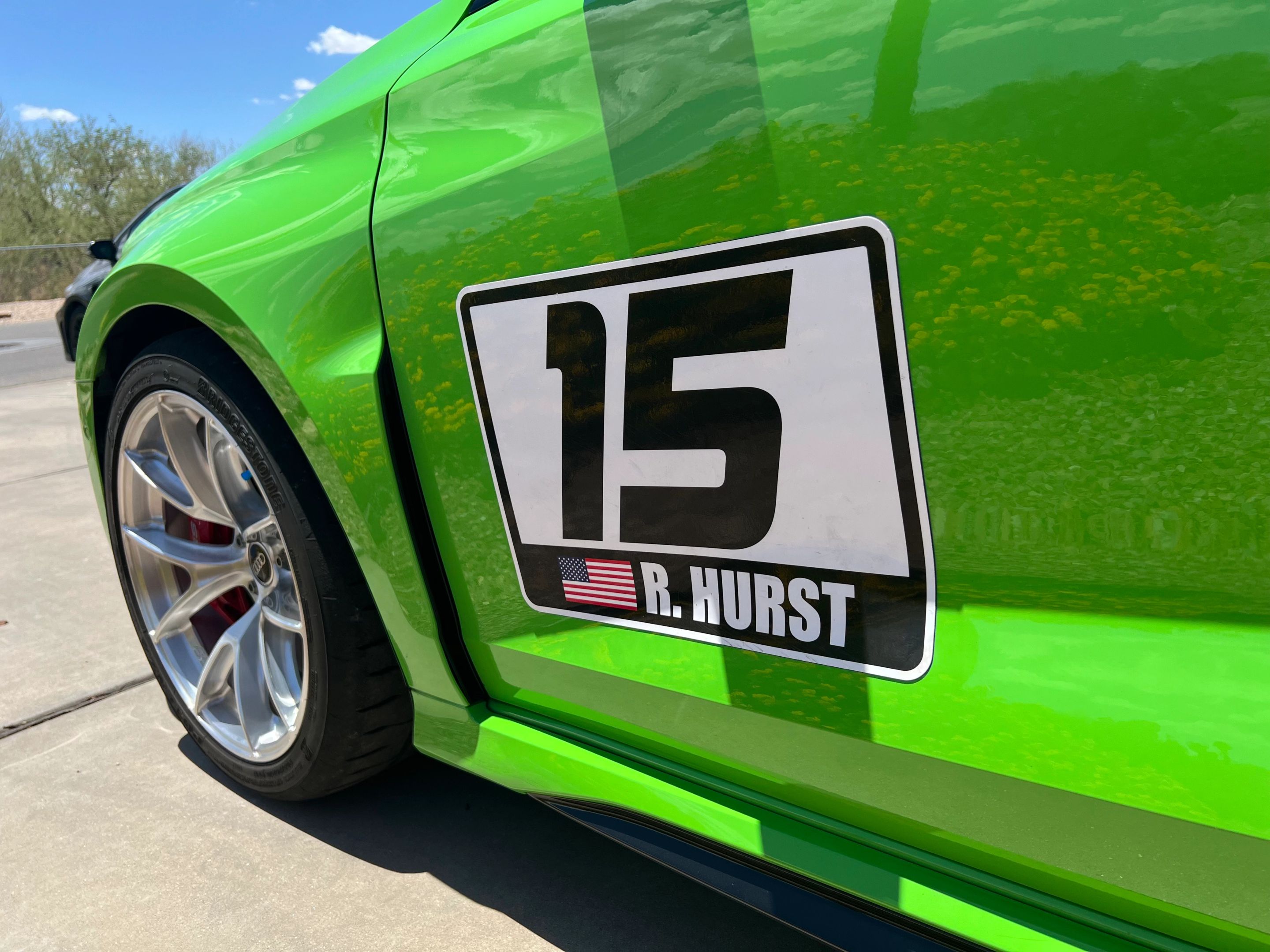 Green Audi 8Y RS 3 with 18" VS-5RS Apex wheels in Brushed Clear