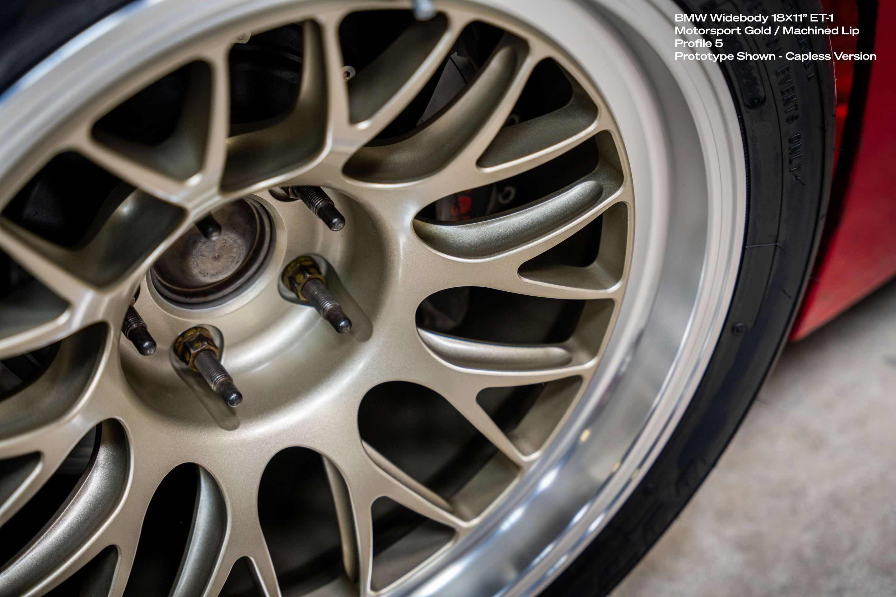 Red BMW E46 M3 with 18" ML-10RT Apex wheels in Machined Lip Gloss Motorsport Gold