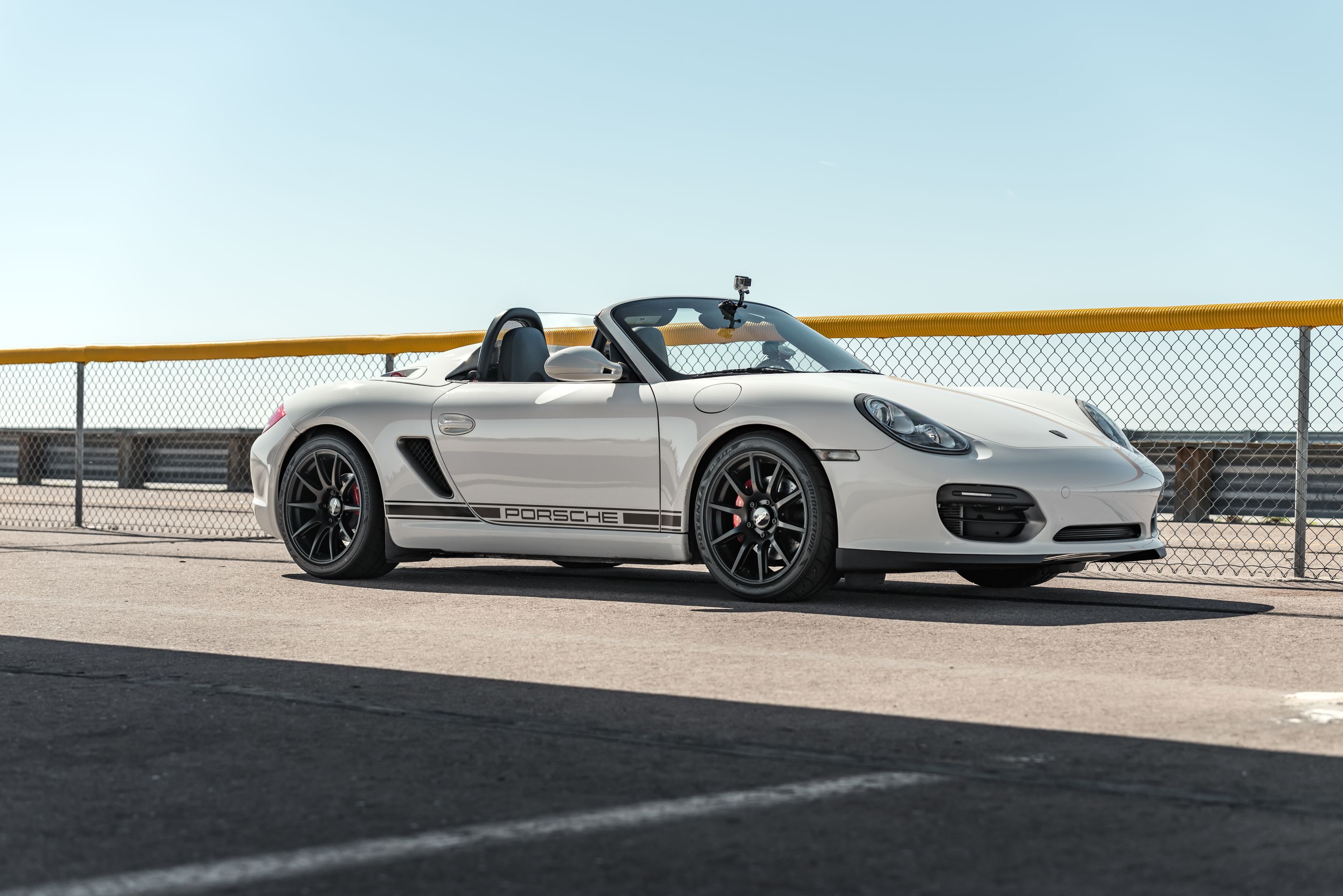 White Porsche 987 Boxster Spyder with 18" SM-10 Apex wheels in Satin Black