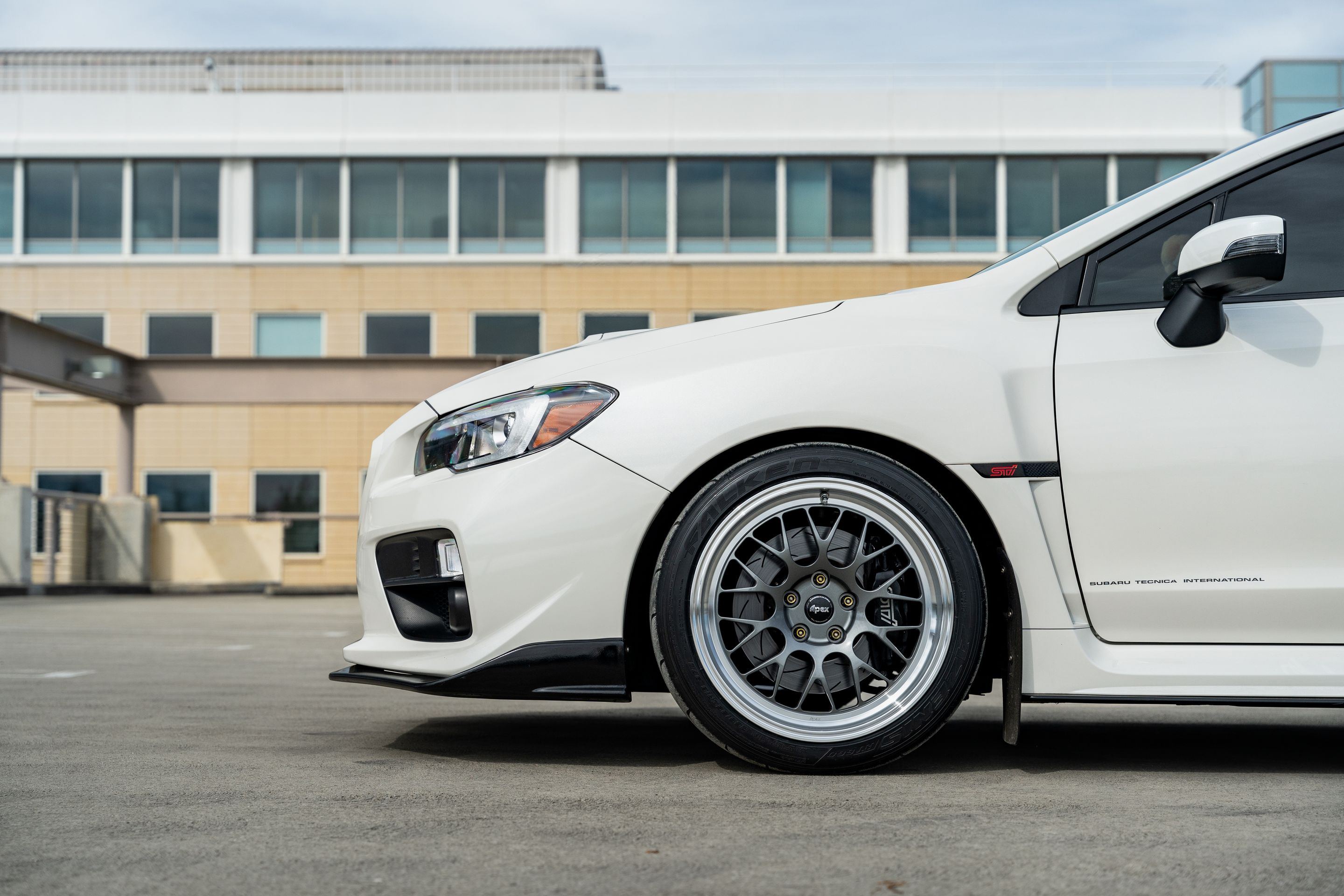 White Subaru VA WRX STI with 18" ML-10RT Apex wheels in Machined Lip Anthracite