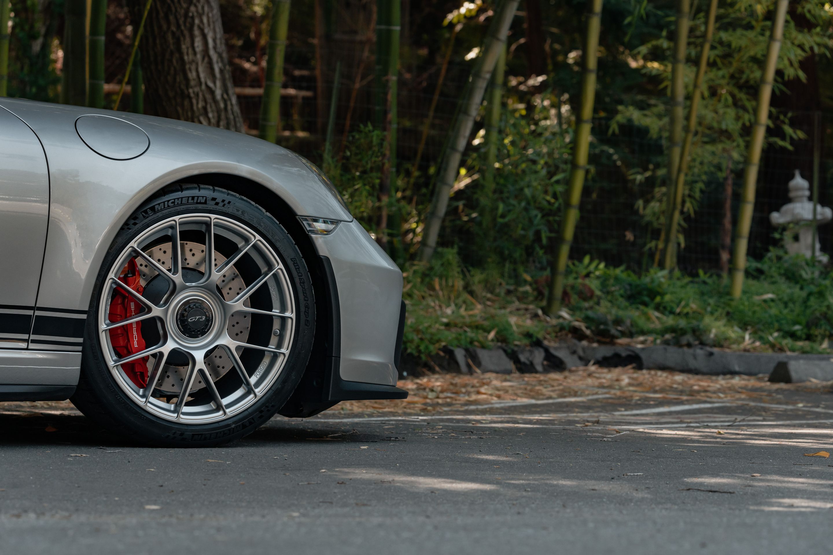 Silver Porsche 911 991.2 GT3 with 19" EC-7RS Apex wheels in Race Silver