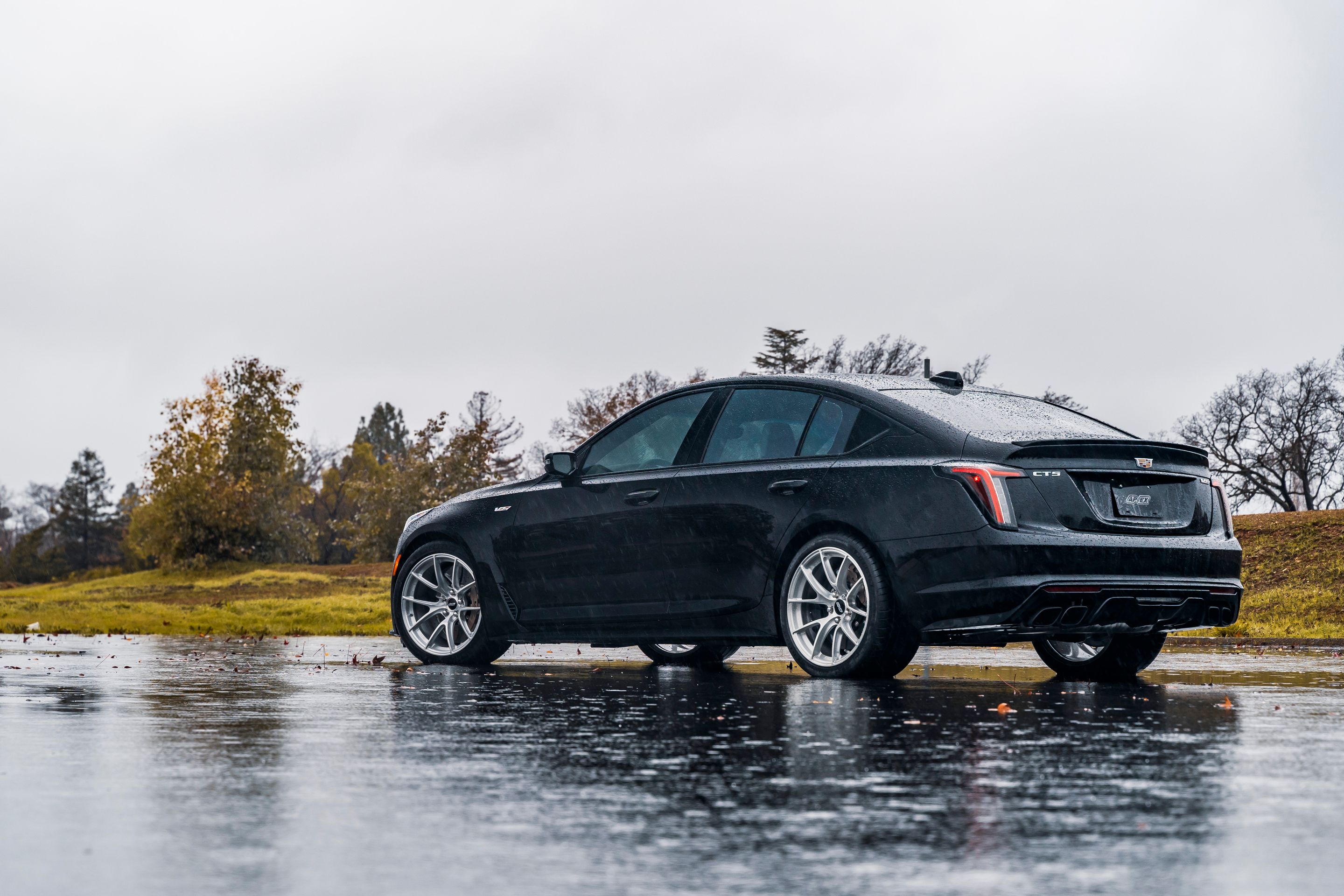 Black Cadillac CT5-V Blackwing with 19" VS-5RS Apex wheels in Brushed Clear