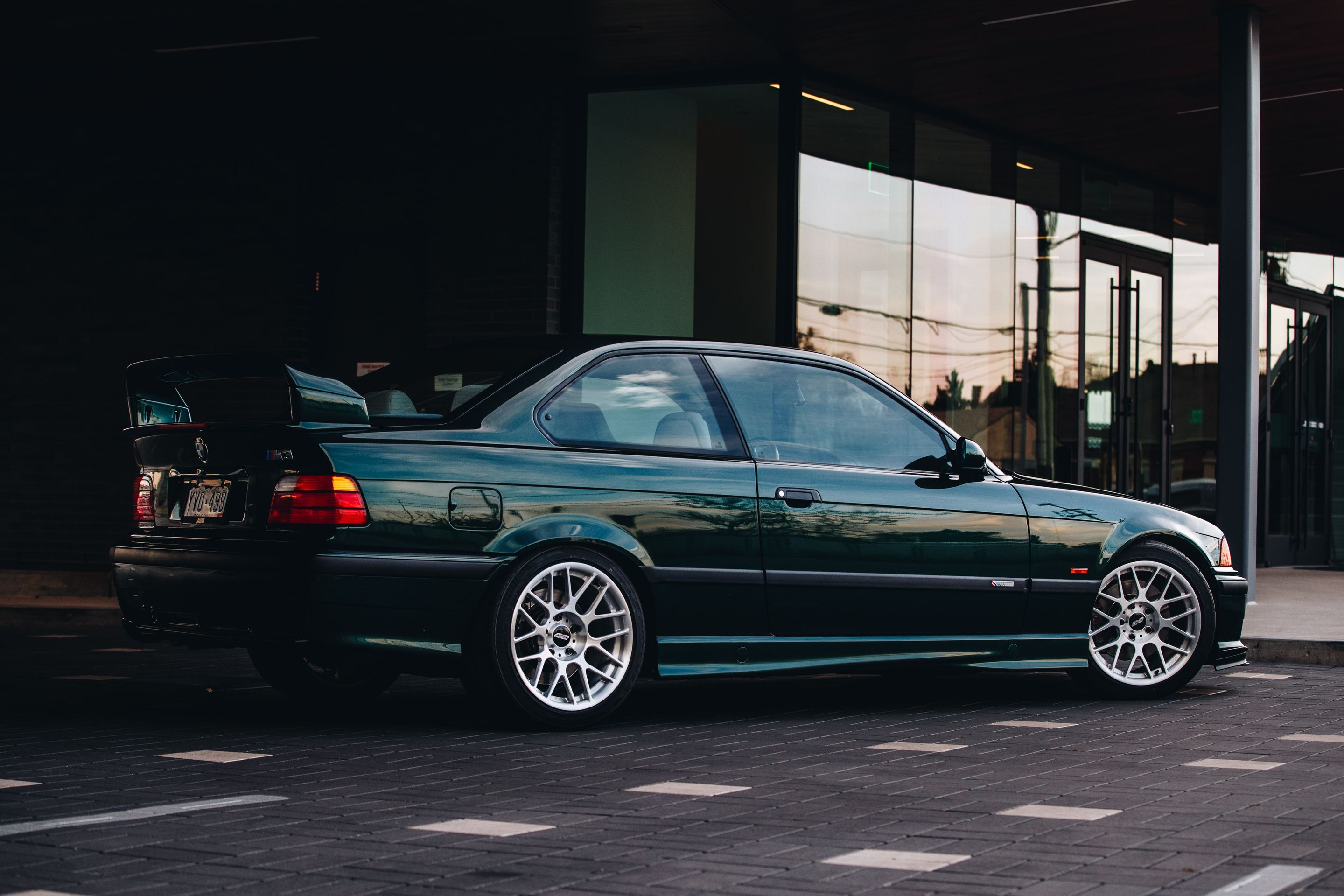 Green BMW E36 M3 with 17" ARC-8R Apex wheels in Brushed Clear